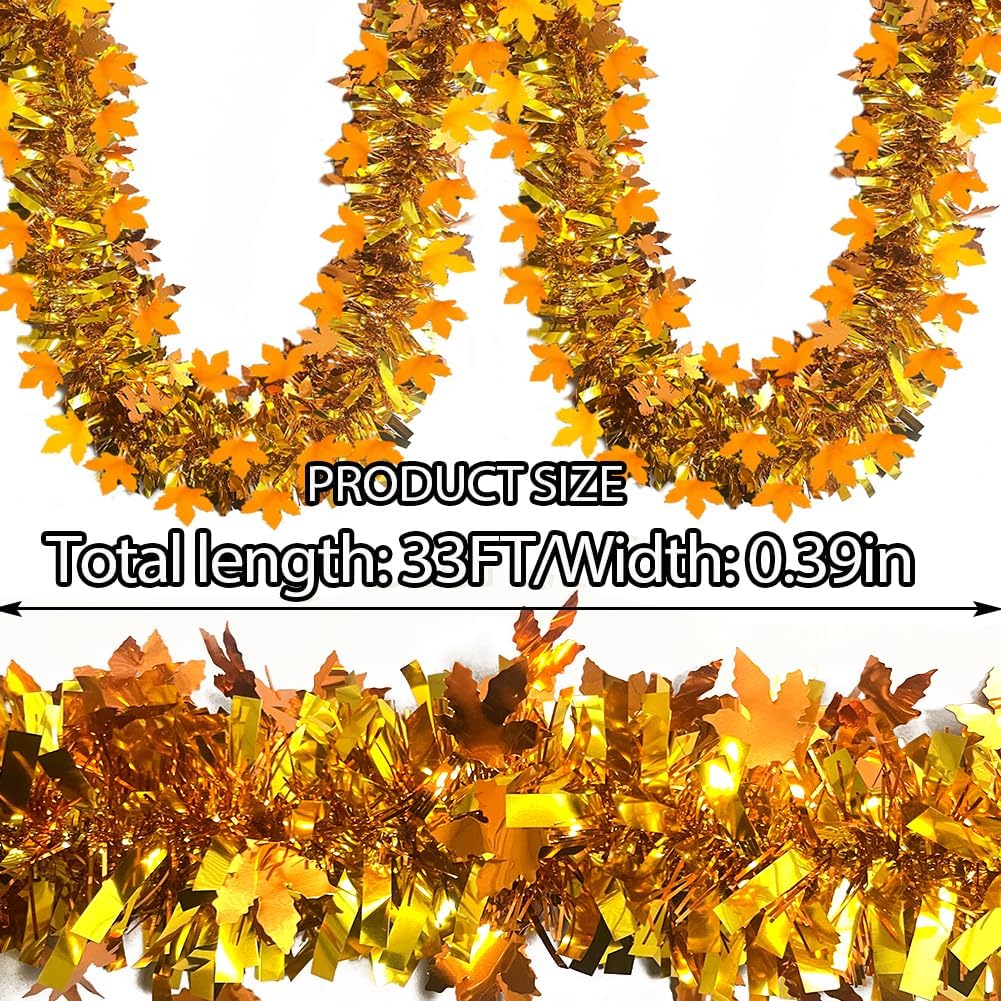Thanksgiving Tinsel Garland - 33 Ft Shiny Metallic Tree Fall Garland Glitter Tinsel Hanging Twist Hanging Decorations for Thanksgiving Party Holiday Supplies (Bronze Gold) - Image 2