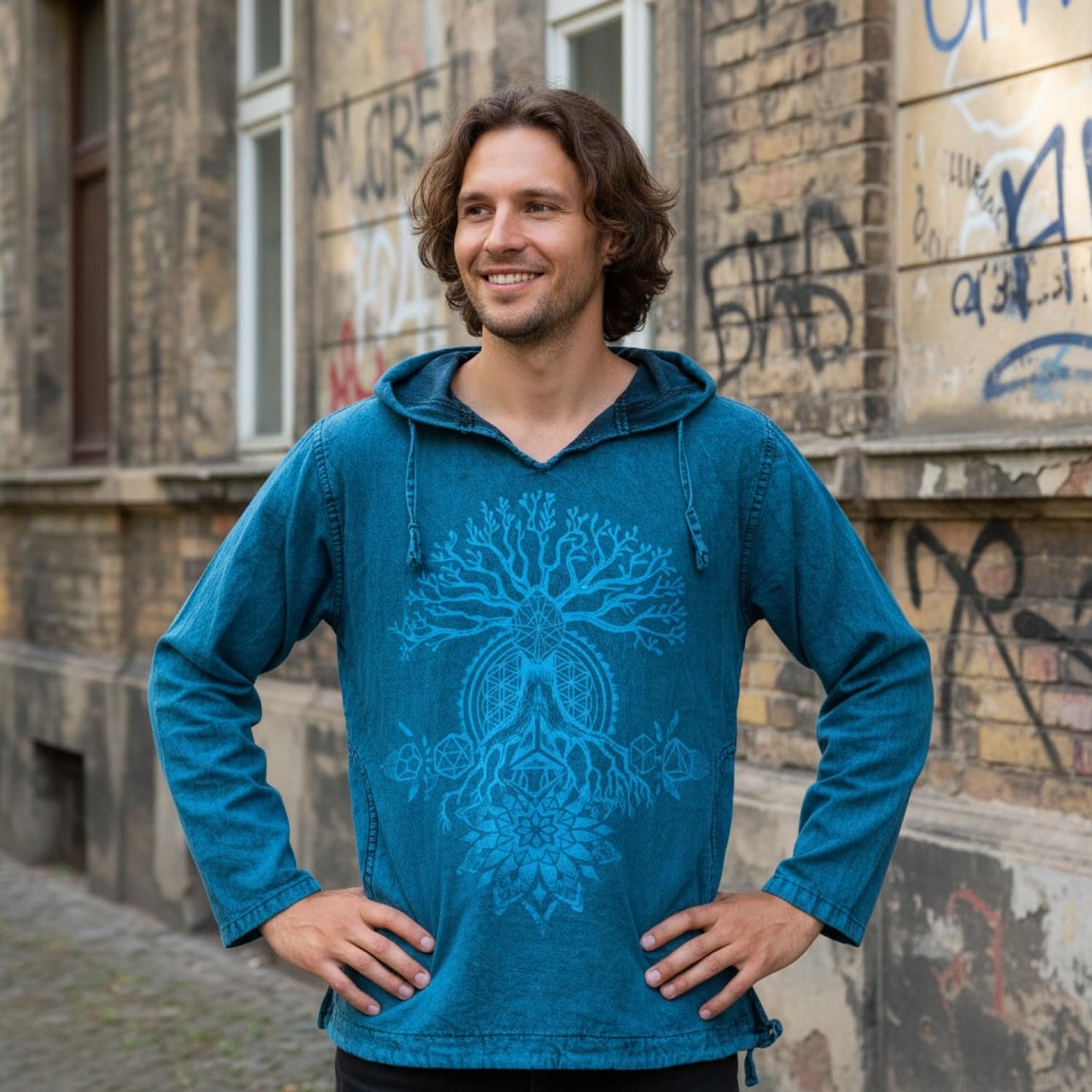 GURU SHOP Koszulka z kapturem do jogi, Stonewash Hoodie, koszulka festiwalowa, męska, bawełna