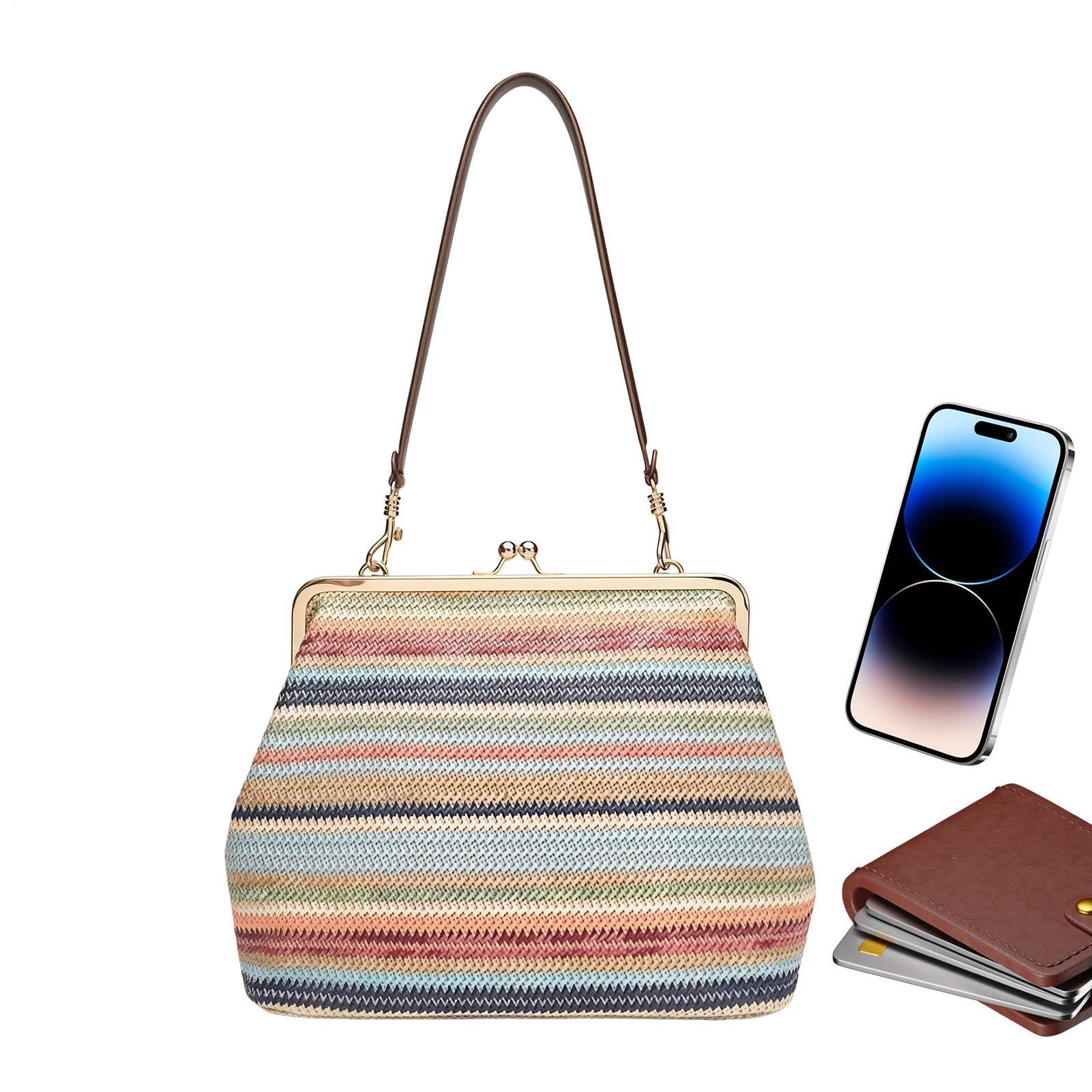 Generisch bolso de paja,Retro Big Kiss-Lock Bag - Trenzado de paja Tote | Verano, Primavera, Viajes, Vacaciones, Compras de comestibles, Gimnasio, Noche, Universidad, Mercado