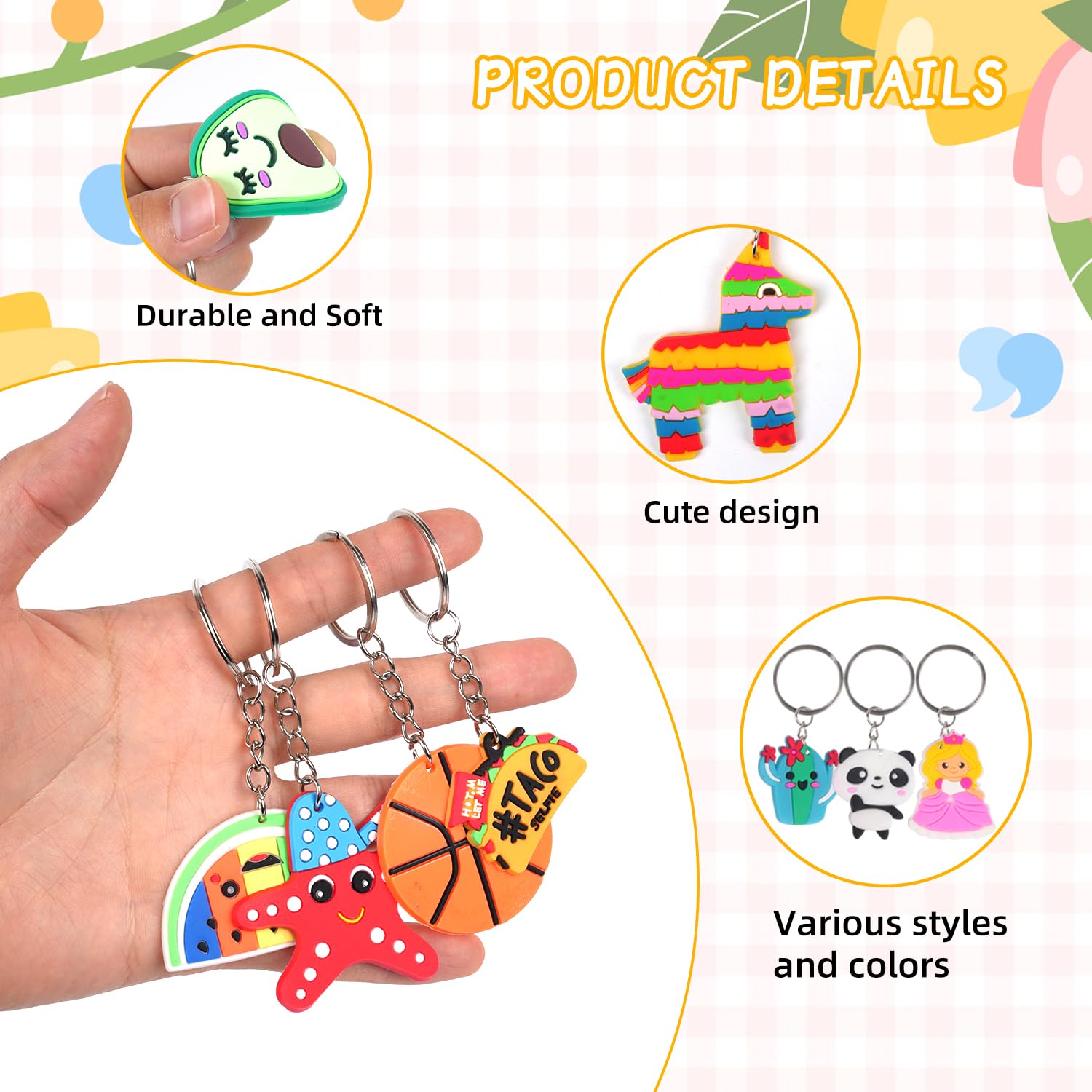 65 llaveros de dibujos animados para niños, recuerdos de fiesta con videojuegos, animal, sirena, dinosaurio, bola, dona, fruta, regalo, premio escolar, bolsas de regalo, suministros de fiesta