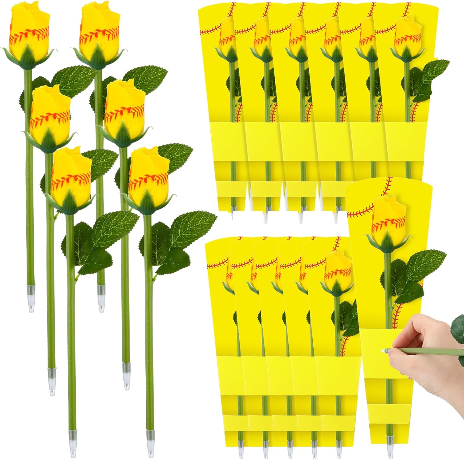 12 Set Softball Rose Pens with Softball Cardboards Artificial Sports Flowers Bouquet Graduation Gifts for Soft Ball Fans Team Coach Grad Prom Senior Night Party Wedding Office Supplies