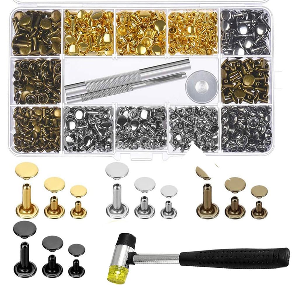Armastuse 483 Pcs Leather Rivets Set 4 Colors Double Cap 2 Sizes, Tubular Metal Studs Leathercraft Accessory Fasteners with Rubber Hammer Fixing Too