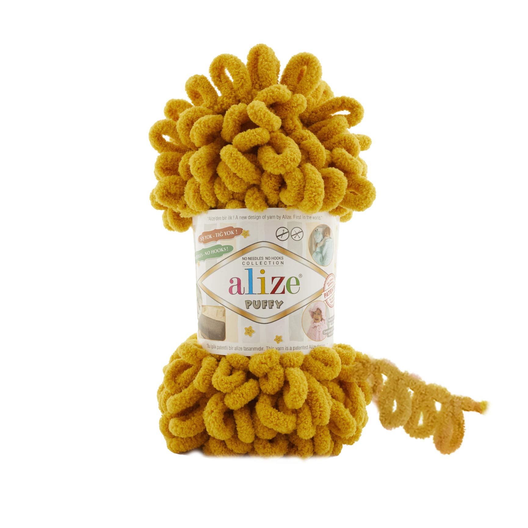 Alize Puffy Knitting Yarn 100 g, Patented Innovation, Loop Knitting without Needles, Colour: 2 Mustard