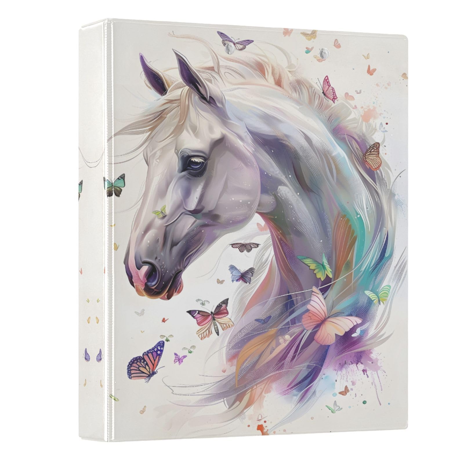 3 Ring Binder White Horse Butterflies 1.5" Round Ring Binders View Binder with 200 Sheet for Kids School Supplies Women Men Office, 1 Pack