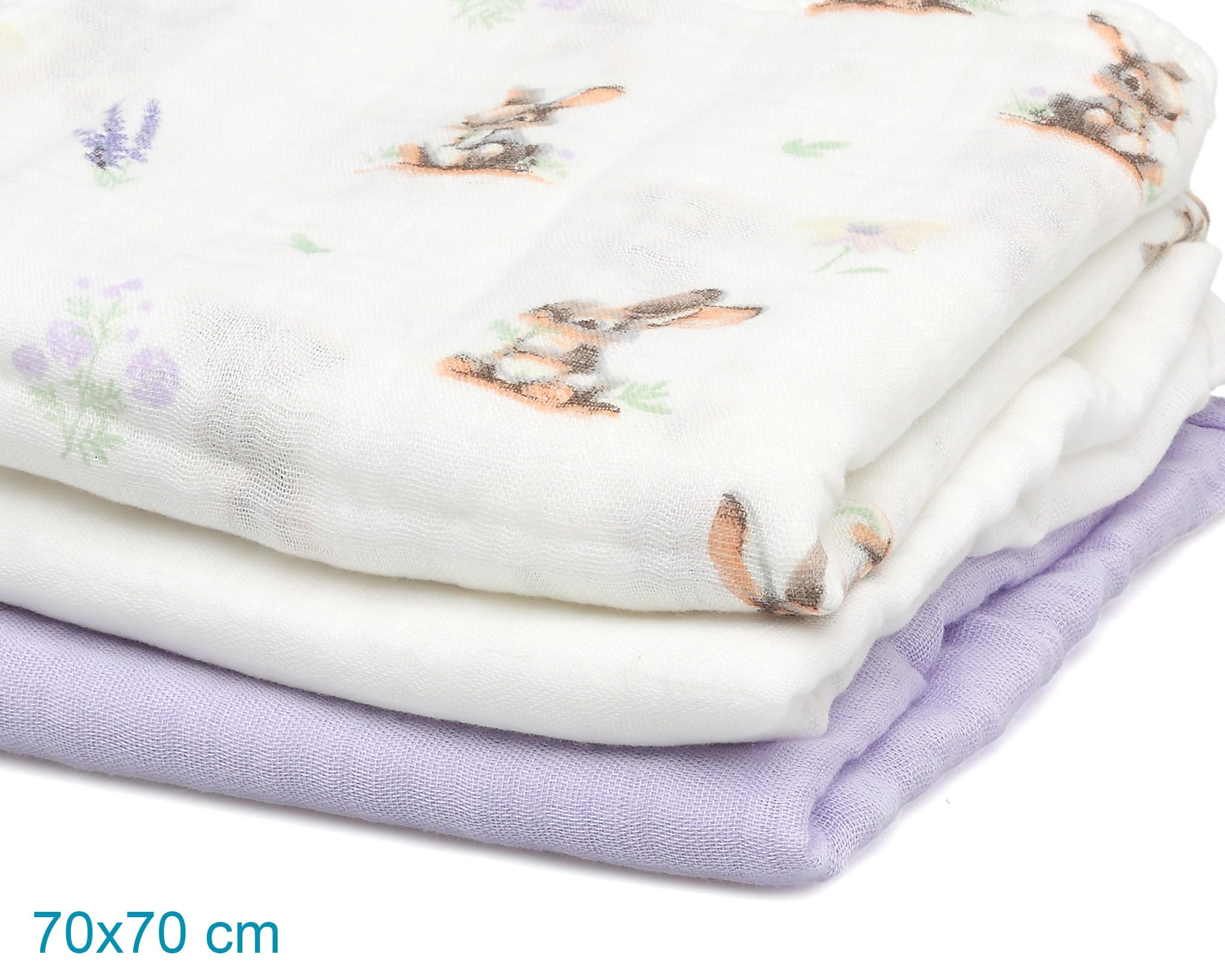 Kiokids | Set 3 Muselinas Conejitos, Lavanda y Blanco | Colección Petit Moments | 70% Bambú y 30% Algodón | Ultra Suaves | Antibacterianas y Termo Climáticas | Protector Rayos UV | +0 Meses | 70x70cm
