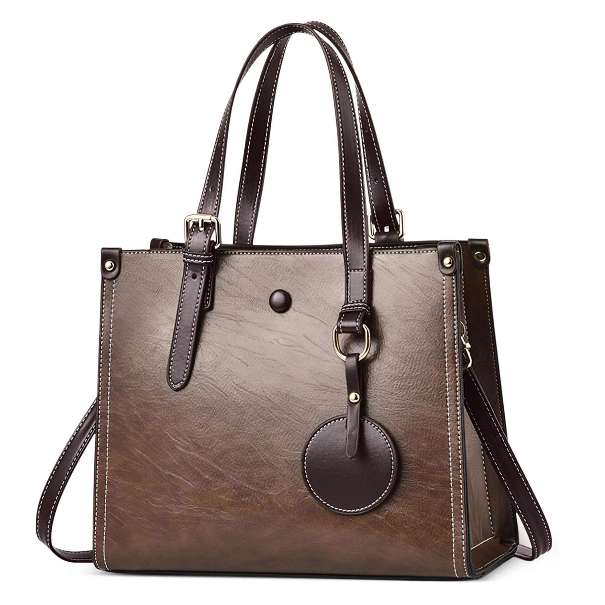 Bolso De Mano Elegante para Mujer — Bolso Bandolera Piel PU Impermeable con Adorno Redondo Y Correa Ajustable, Oficina, Compras, Citas, Fiestas (Marrón Café,L)