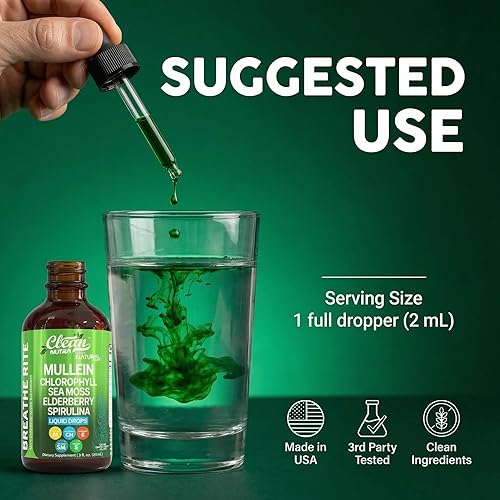 Miniatura 6 de Clean Nutra Gotas de Gordolobo para Pulmones Clorofila Orgánica Líquida Musgo Marino Irlandés, Espirulina, Regaliz, Cereza Ácida, Lobelia, Agripalma