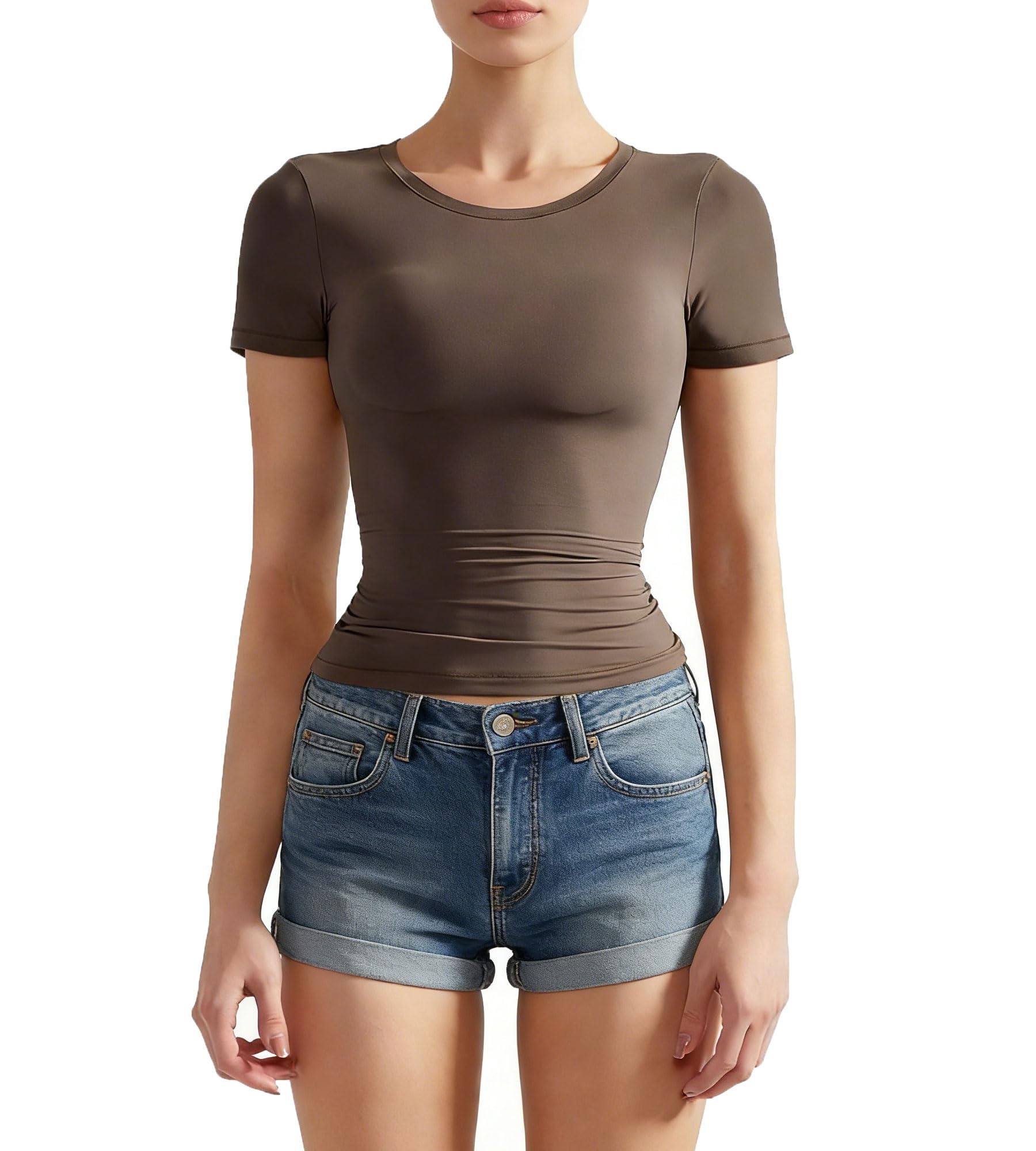 DIKUCI T Shirts for Women Crewneck Slim Fit Workout Short Sleeve T-Shirt Stretchy Bodycon Basic Tee Tops