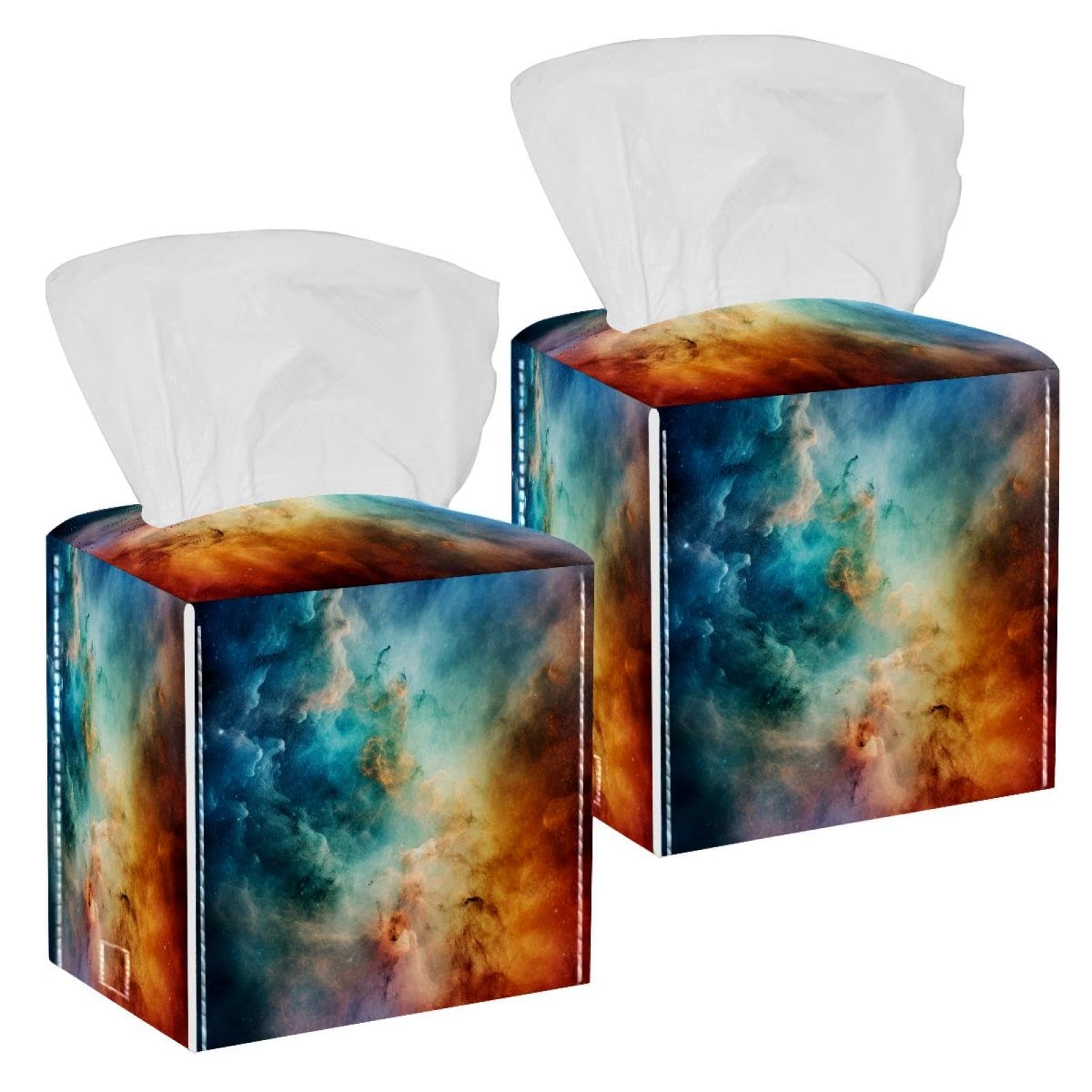 Stars Nebula Tissue Box Cover, 2 Pack PU Leather Square Facial Tissue Dispenser Box holder for Home Office Car