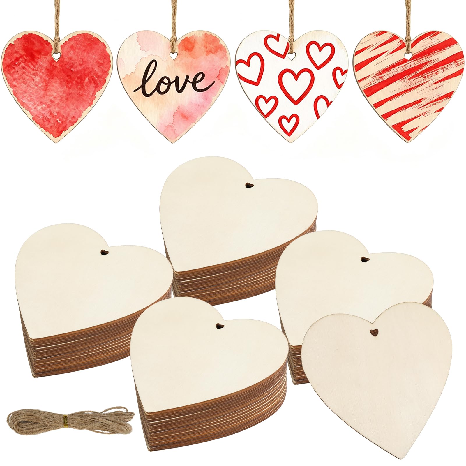 48 Pcs Wooden Hearts for Crafting, 10x10cm, with Jute Rope, for DIY