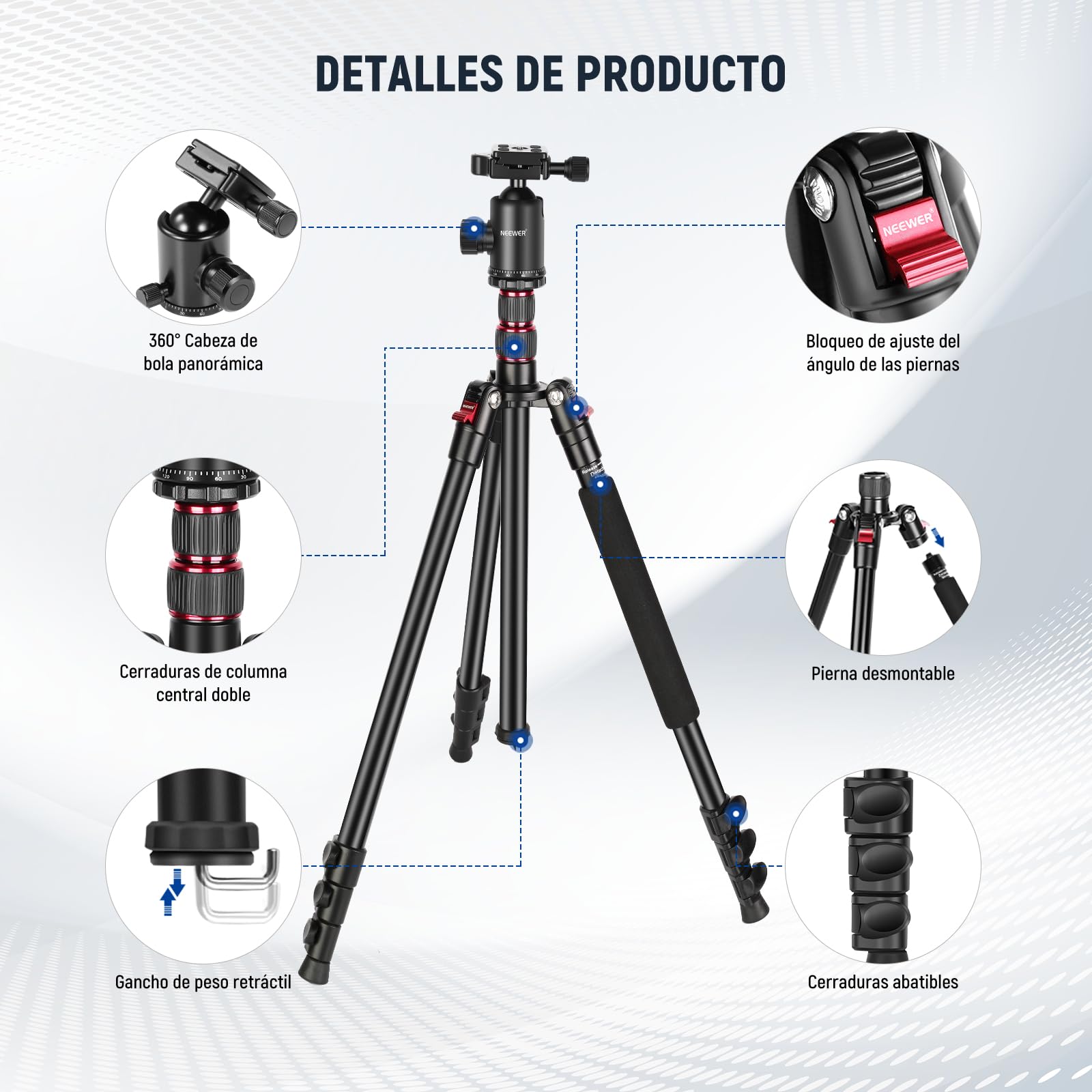 NEEWER 77"/197cm Trípode Monopod de Cámara para DSLR, Teléfono, con Cabeza de Bola Panorámica de 360°, Columna Central de 2 Ejes, Arca Tipo QR Placa, Aluminio Ligero Trípode de Viaje, Máx Carga 15,4kg