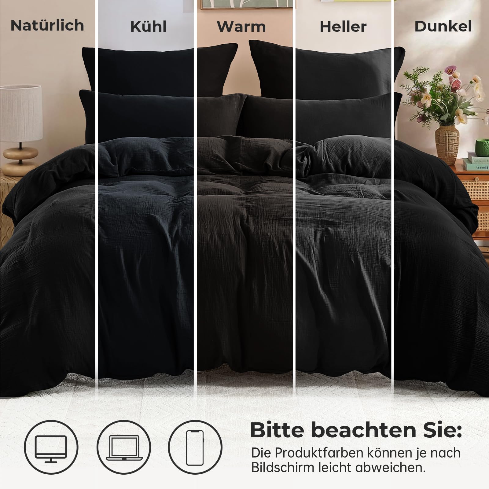 WONGS BEDDING Musselin Bettwäsche 135x200 Schwarz mit 80x80 Kissenbezug