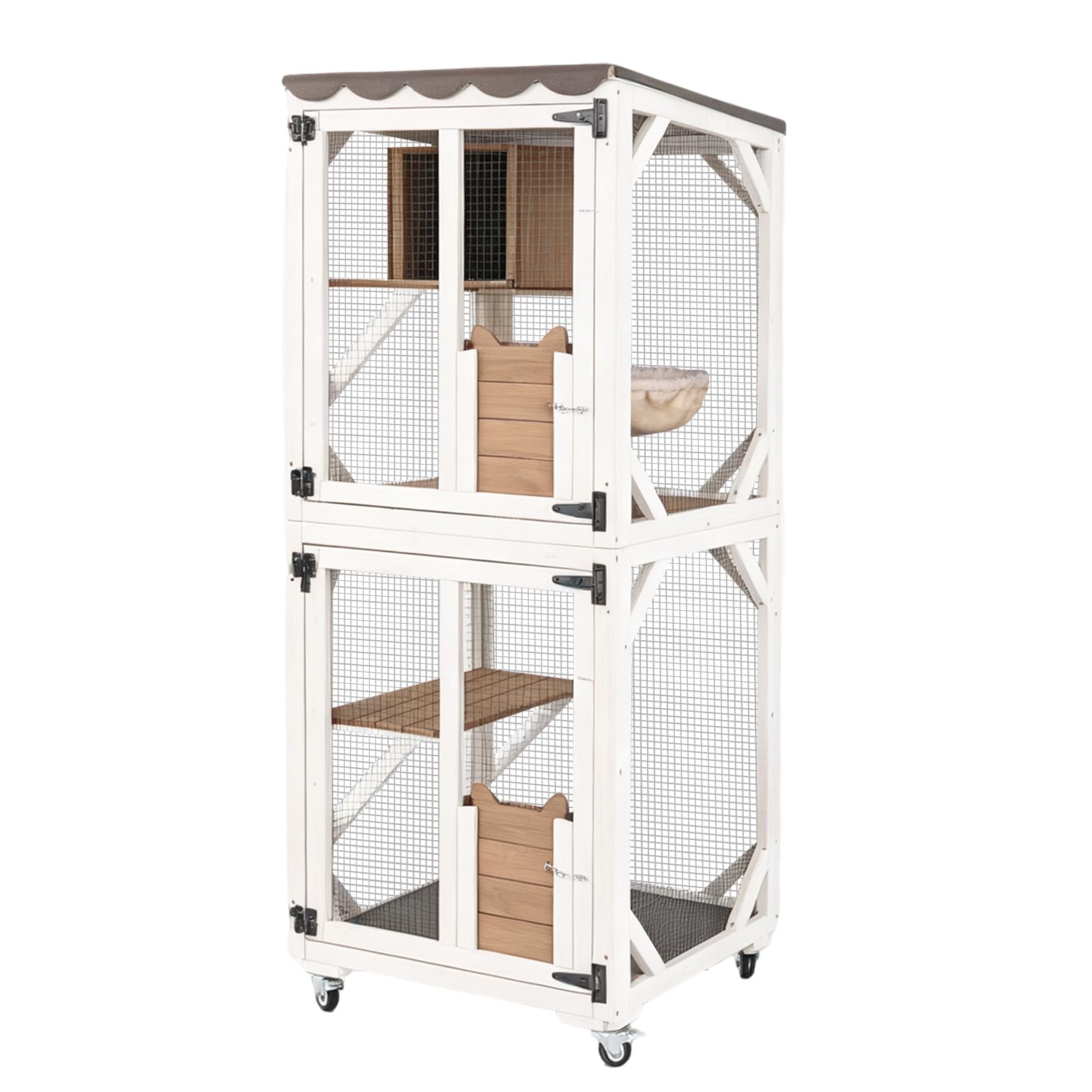 Aivituvin Cat Catio Outdoor Cat House Movable Large Enclosures on Exercise Wheels Kitty Cage with Upgraded Resting Box,Waterproof Cover,24.5" L x 23.4" W x 62.8" H Camel