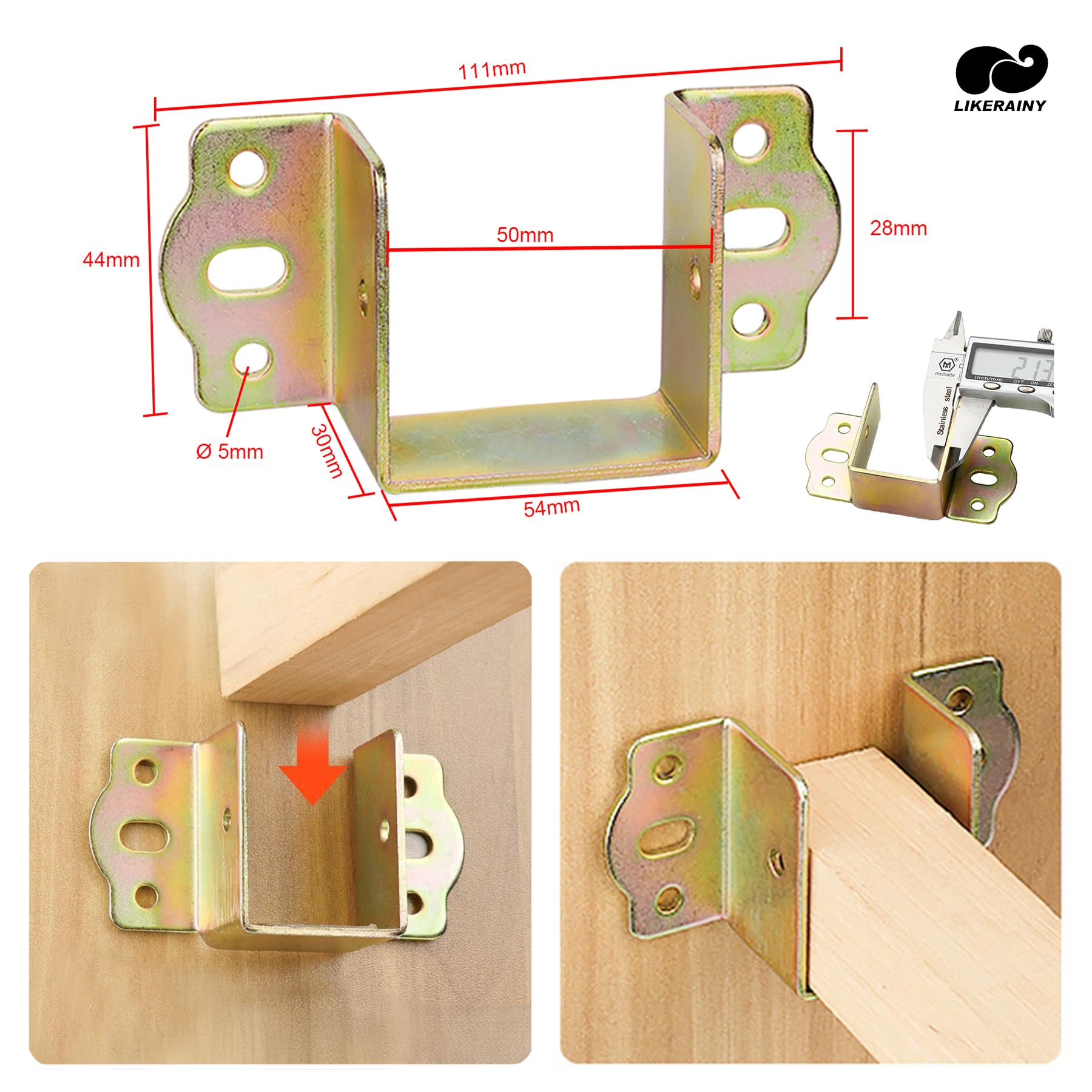 LIKERAINY Centre Support Bed Hinge Rail Brackets Timber Joist Hanger Width 50 mm Suspension Connecting Fittings Hooks Fastener for Bed Frame Metal 2 pcs - Image 2