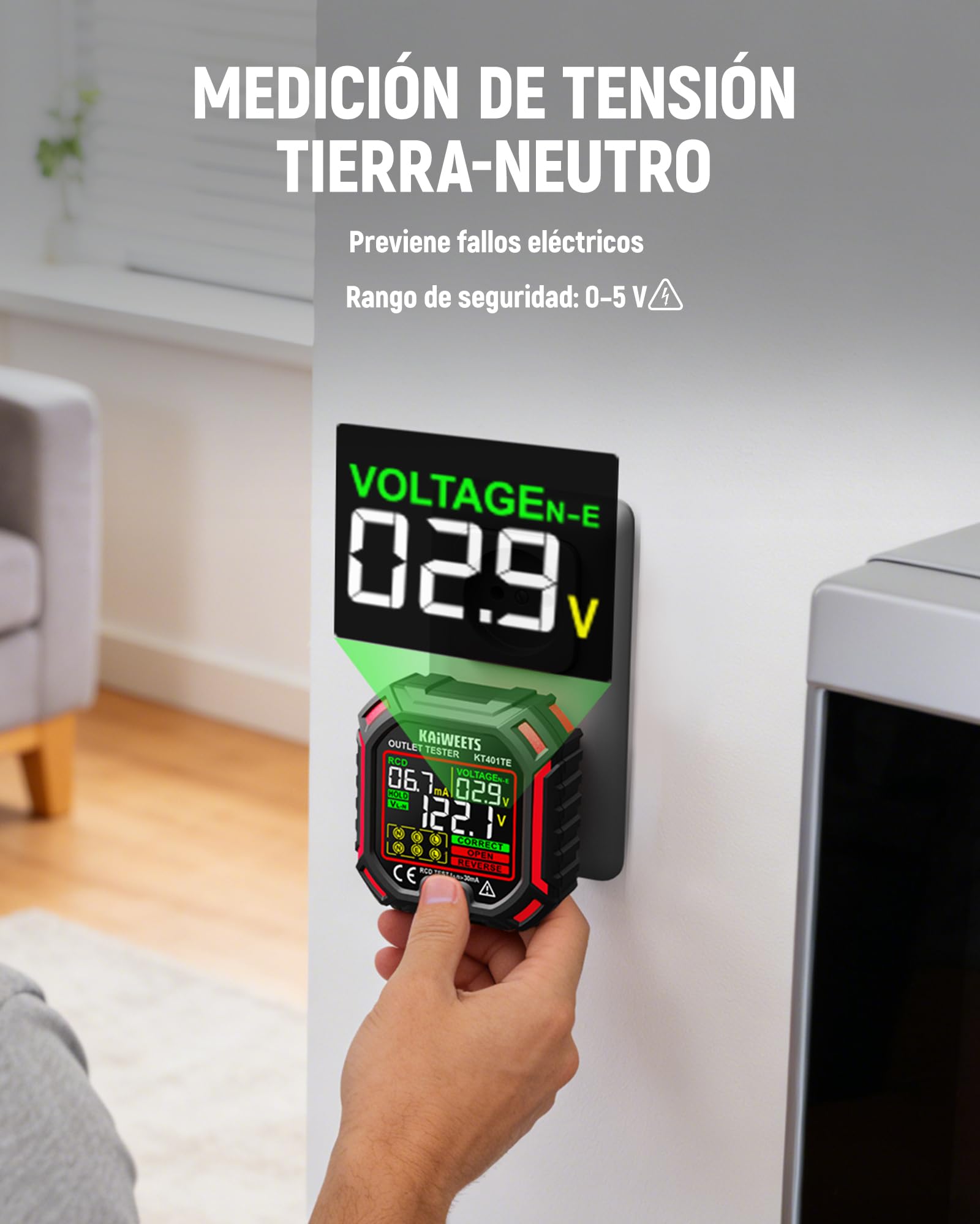KAIWEETS Comprobador de enchufes con prueba de RCD y pantalla LCD de voltaje, indicador de tensión, 7 pruebas de cableado, medición de tensión de fuga, comprobador de enchufes 200-250 V, CAT II 300 V