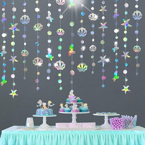 Decoración iridiscente de sirena bajo el mar para fiesta con estrella de mar y perlas de mar holográfica serpentina de papel para sirenita arco iris