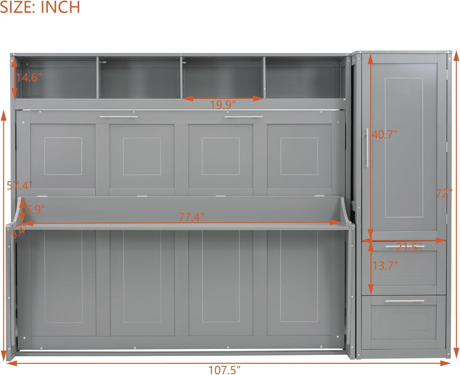 P PURLOVE Full Wood Murphy Bed with Closet, Open Shelves, Cabinets and Drawers, Murphy Bed Frame for Adult, Teenager, No Box Spring Needed (Gray)