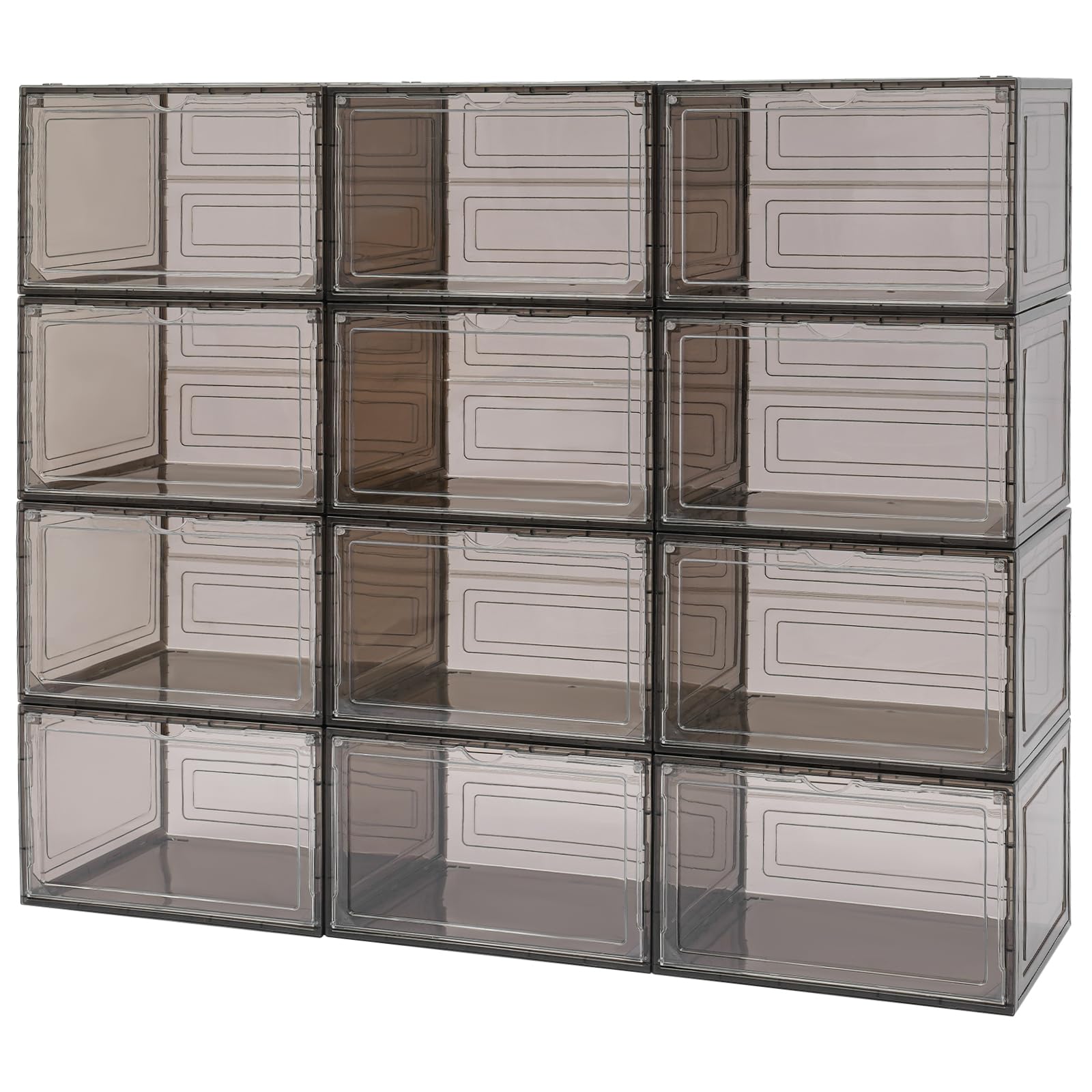 Lot de 12 boîtes à chaussures empilables - Boîtes à chaussures magnétiques empilables pour armoires, chambre à coucher, portes d'entrée - Noir/marron - 39 x 25 x 20,66 cm