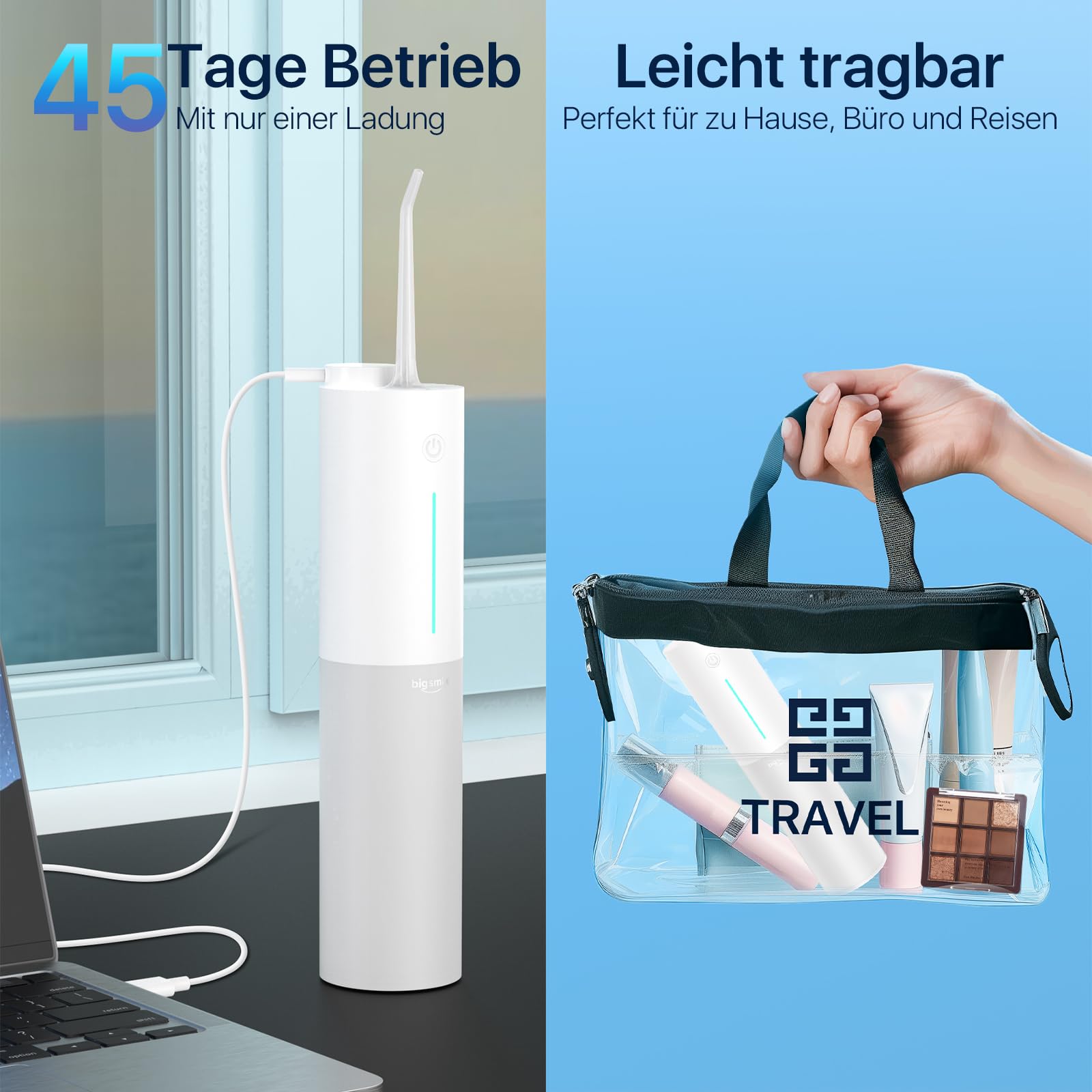 Bigsmile Wasserzahnseide, Zahnbürste Mundspülger mit 200 ml Fassungsvermögen, wiederaufladbar, Reisemundspülger, IPX7 wasserdicht, Effektiv den Mund sauber und gesund halten (weiß)