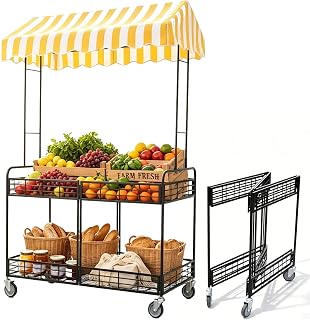Mobile 2-Tier Vendor Cart with Waterproof Striped Awning Portable