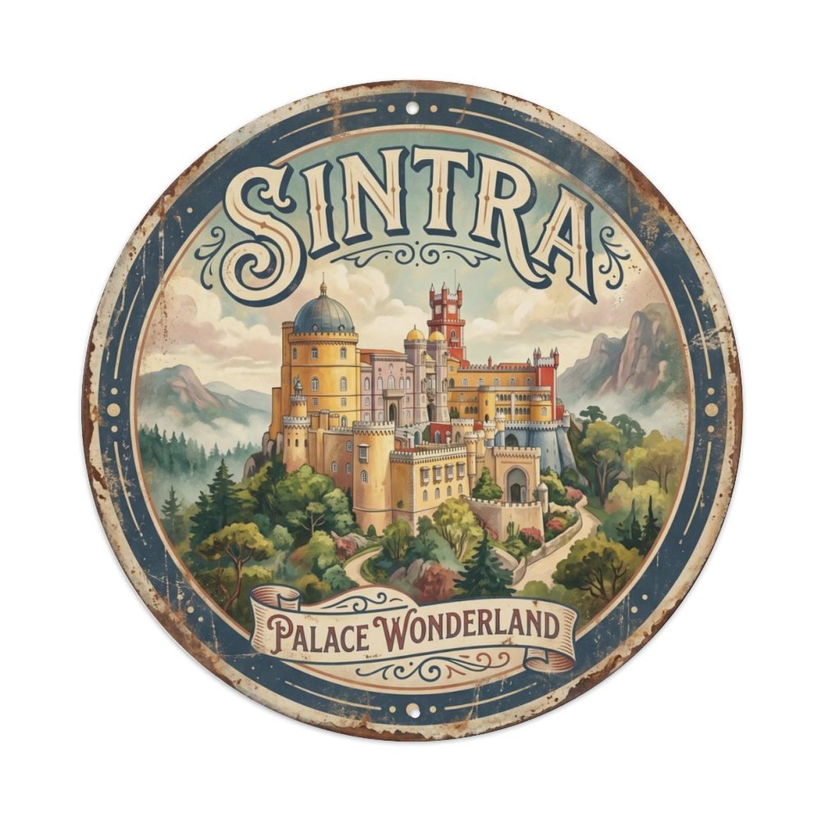 Vintage Travel Palace Portugal Sintra Metal Tin Sign Plaque Wall Decor for Cafe, Club, Garden Round Metal Poster 8x8Inch