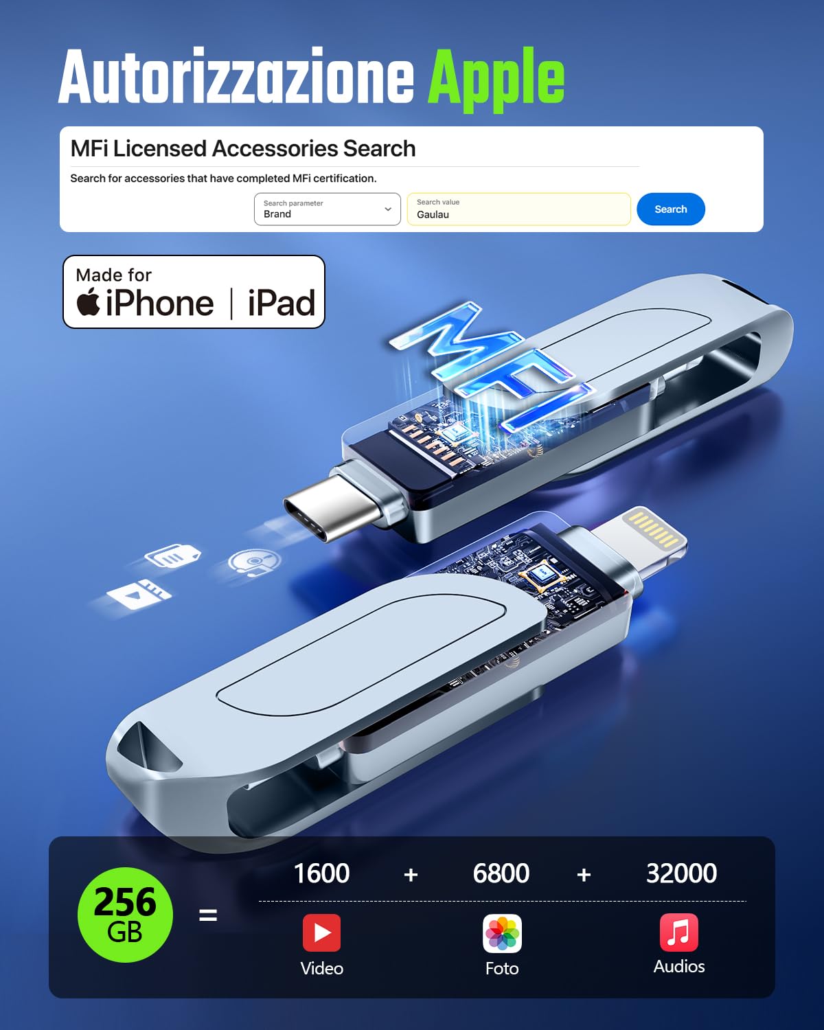 [Senza App] Gaulau Chiavetta USB 256GB per iPhone Certificato MFi Apple,3 in 1 Chiavetta USB-C Lightning USB 3.0,Pendrive Memoria Externa per iPhone/iPad/Smartphone Android OTG/Mac/PC,Grigio