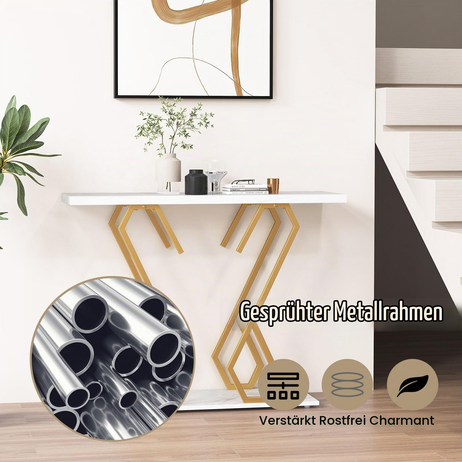 LIFEZEAL Konsolentisch Marmor, Eingangstisch mit 2 Ebenen, Flurtisch mit Schmetterlingsrahmen, Schmaler Dekotisch Beistelltisch für Wohnzimmer & Flur, 100 x 30 x 79 cm (Weiß + Gold)