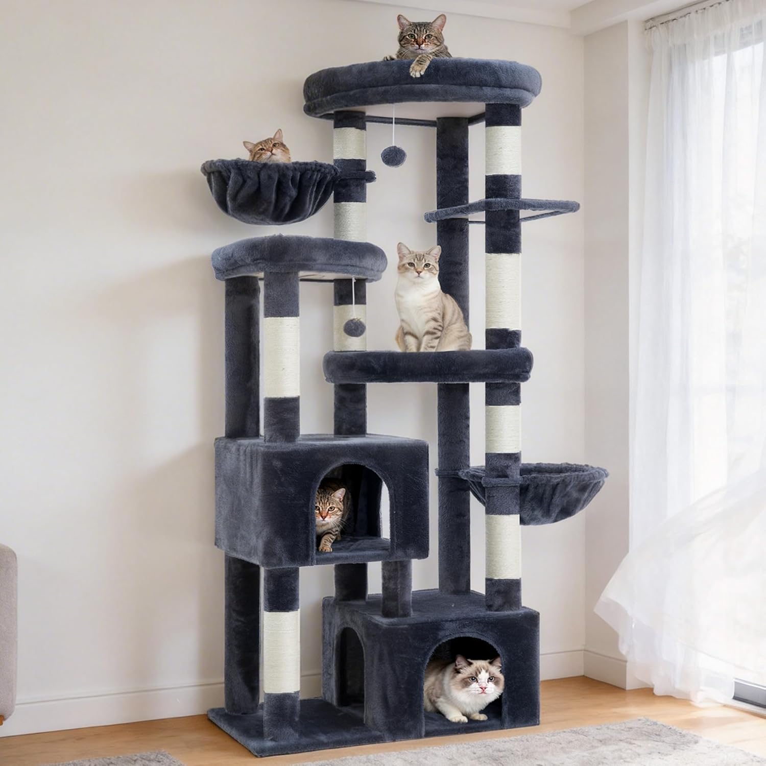 Hey-brother Cat Tree, 67.3 Inches Tower with 3 Soft Platform Beds, 2 Large Condos, 9 Sisal Scratching Posts, 2 Hammocks and Toys, Multi-Level Step House for Multiple Indoor Kittens, Smoky Gray MPJ084G