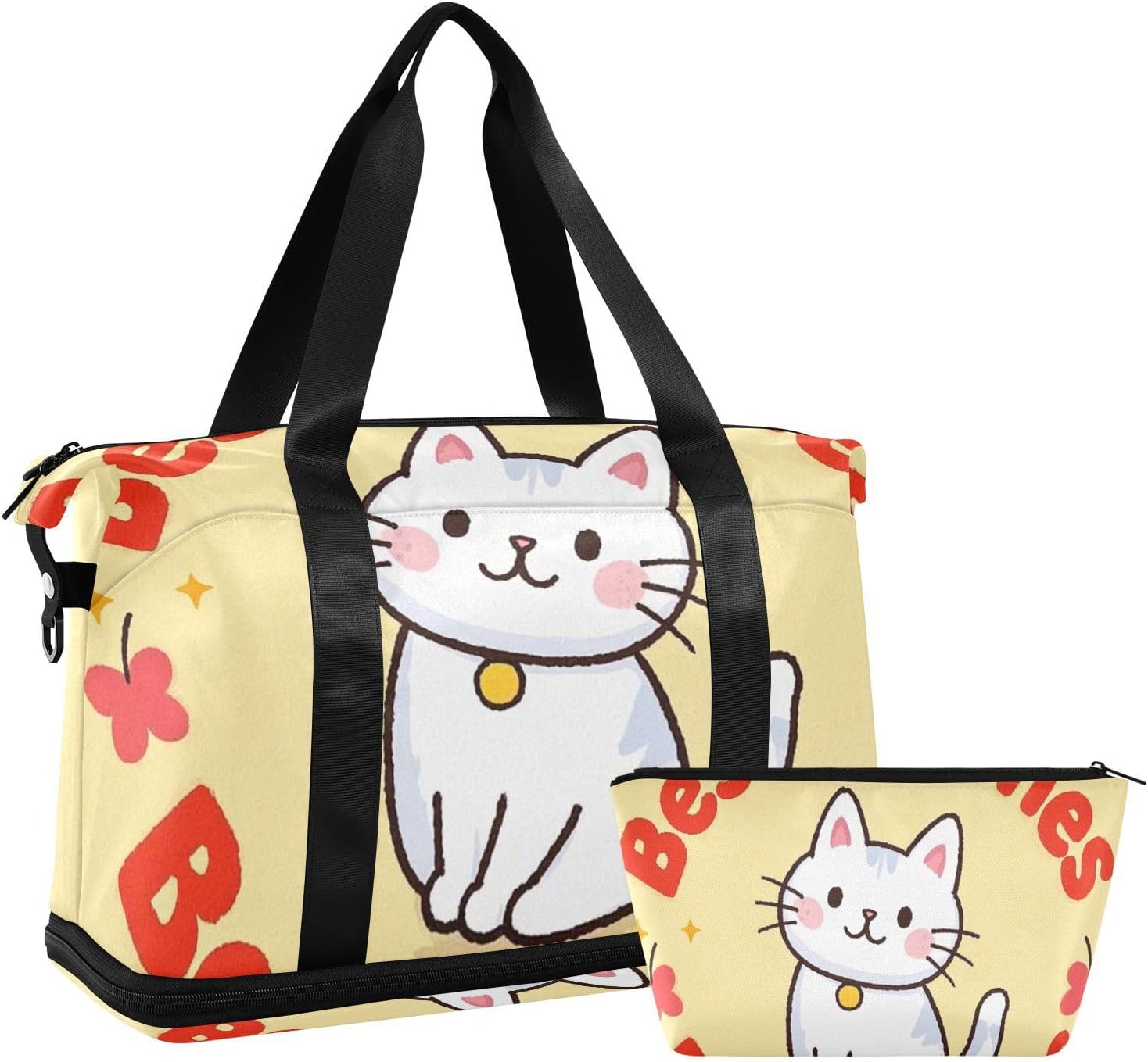 Customized Wishes Cartoon Cute White Cat Gym Tote Bag Gym Bag with Adjustable Strap for Travel Waterproof