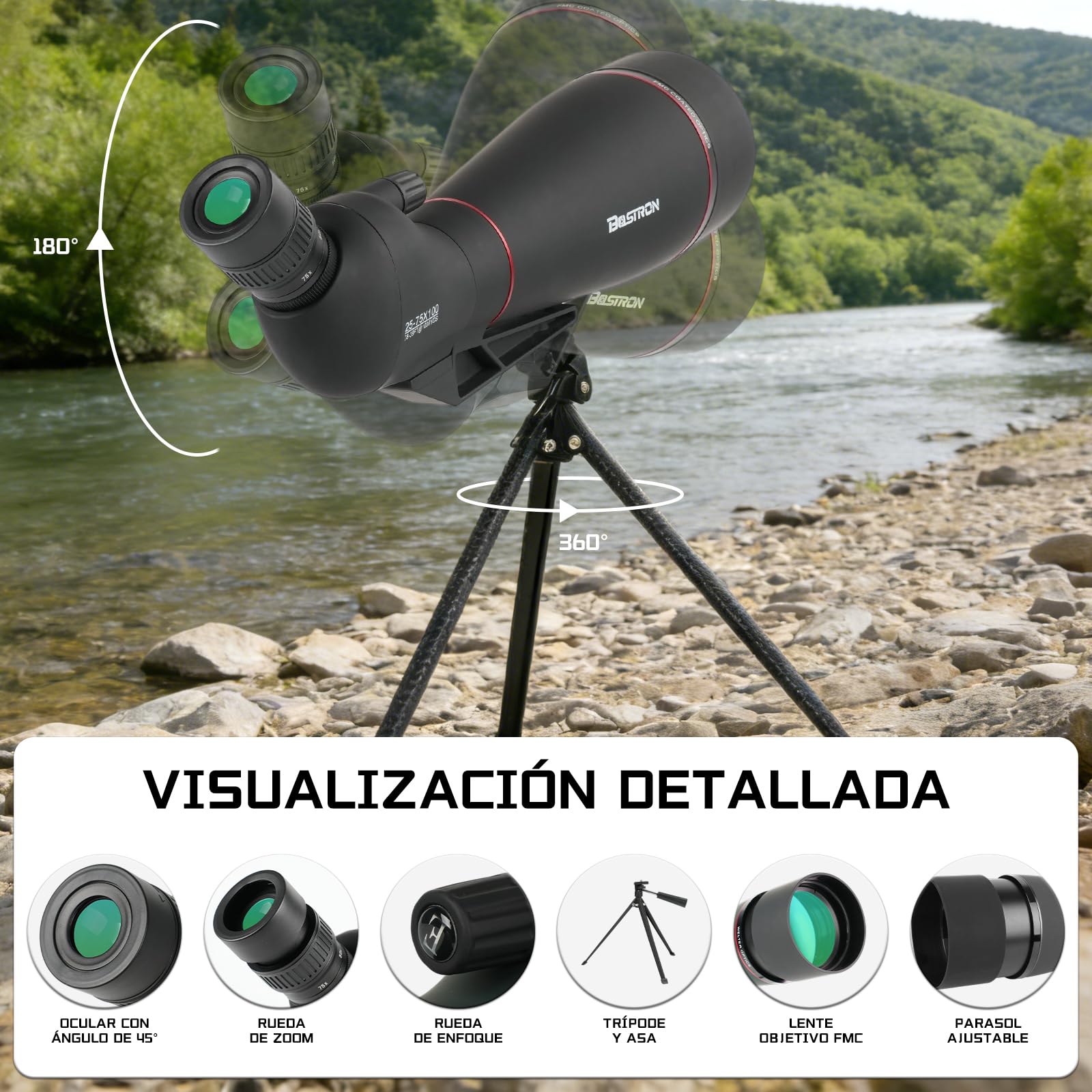 Telescopio Terrestre Profesional 25-75x100 con Trípode y Adaptador Móvil - Zoom Potente, Lente FMC de 100mm, Sellado al Agua y Polvo para Caza, Observación de Aves y Larga Distancia