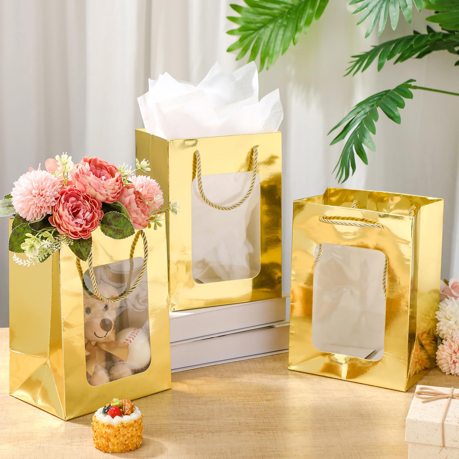 Zhanmai 36 bolsas de regalo transparentes de papel kraft con papel de seda, bolsas de regalo de papel de 10 x 7 x 5 pulgadas con asas transparentes para negocios, compras, bodas, baby shower