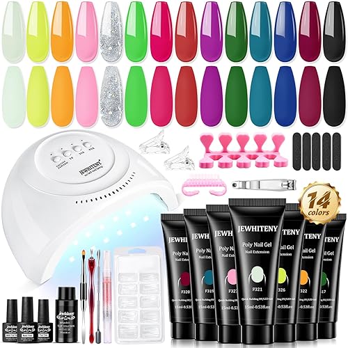 JEWHITENY Kit de poligel de uñas de 14 colores con lámpara U V, gel de extensión de uñas de polietileno, kit todo en uno, constructor fortalece arte