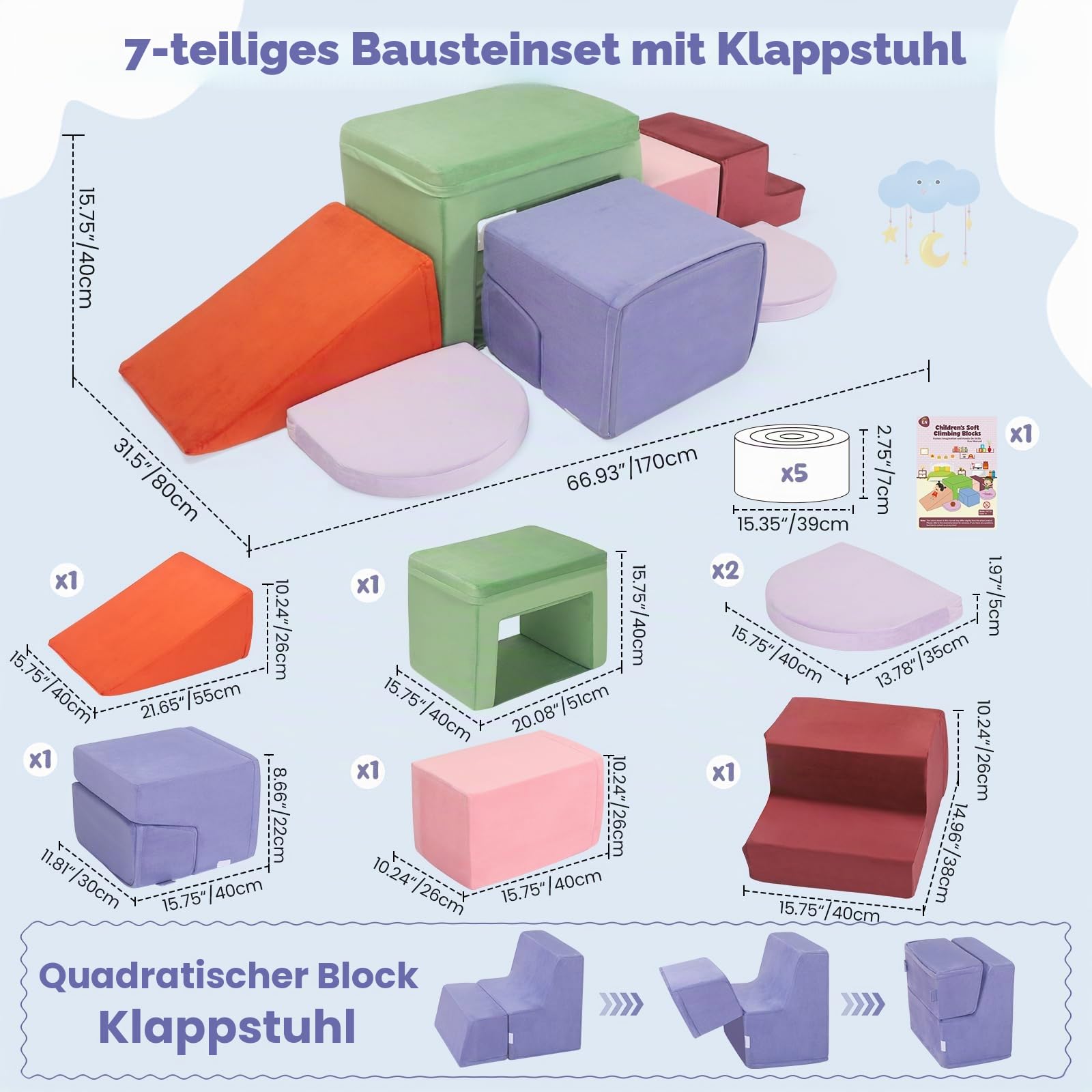 7-teilige Sicherheits-Upgrades für Baby-Kletterblöcke, Schaumstoff-Kletterblöcke für Kleinkinder von 1–3 Jahren, Baby-Puzzle und Übung, großes Baustein-Set(7p – Enthält einen kleinen Klappsitz)