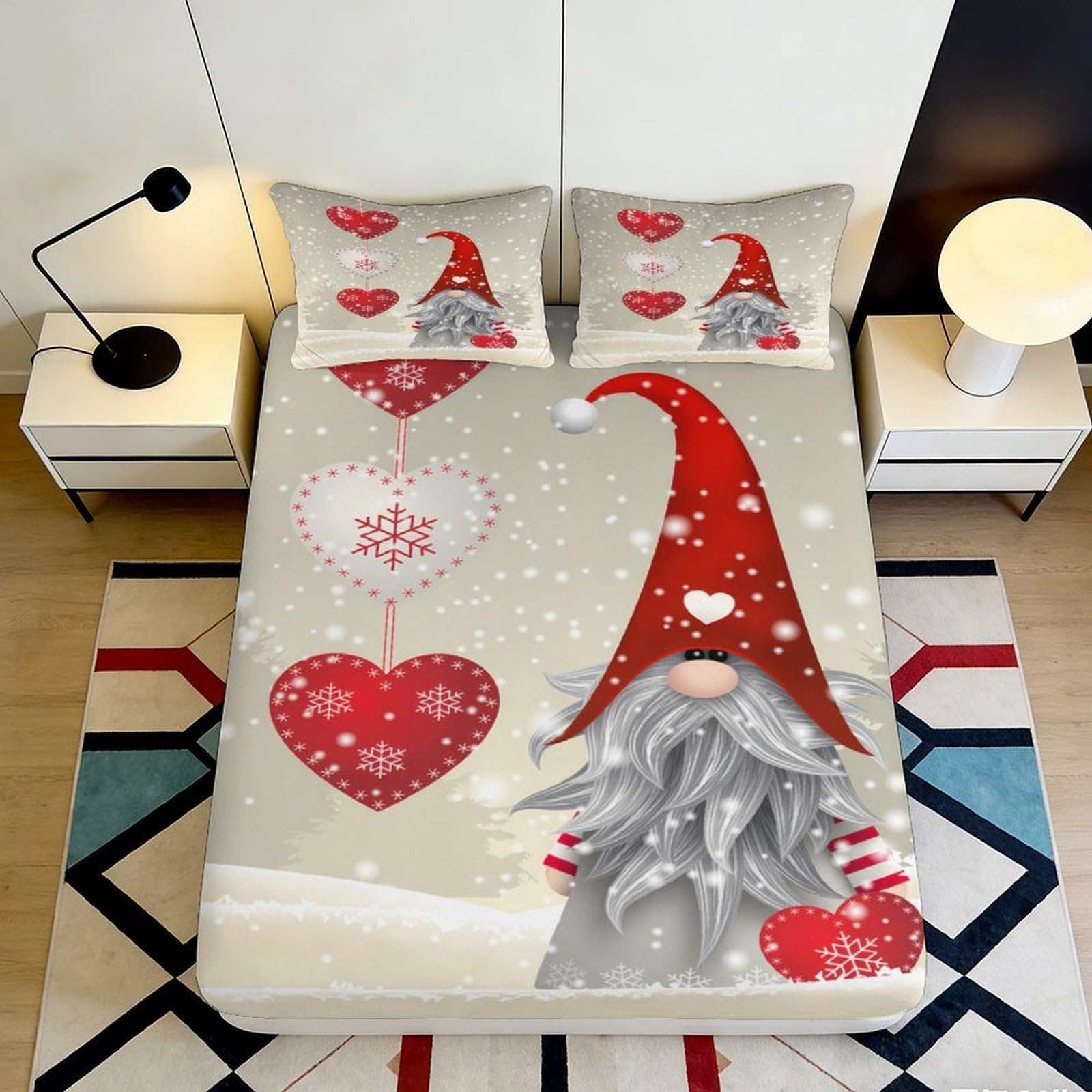 3D Printed Christmas Gnome Fitted Sheet Microfiber Red Heart Snowflake Mattress Cover for Bedroom Guest Room Decor 90x200x25cm
