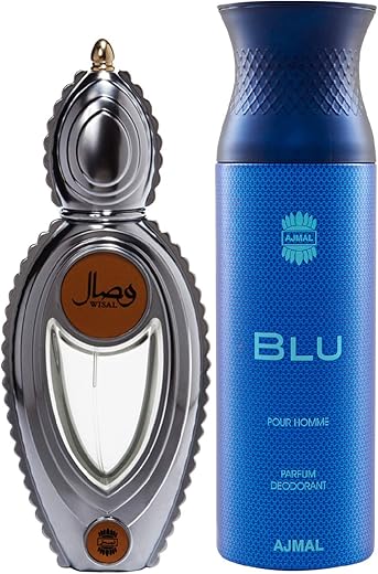 Ajmal Wisal EDP Floral Musky Perfume 50ml for Women and Blu Homme Deodorant Aquatic Woody Fragrance 200ml for Men