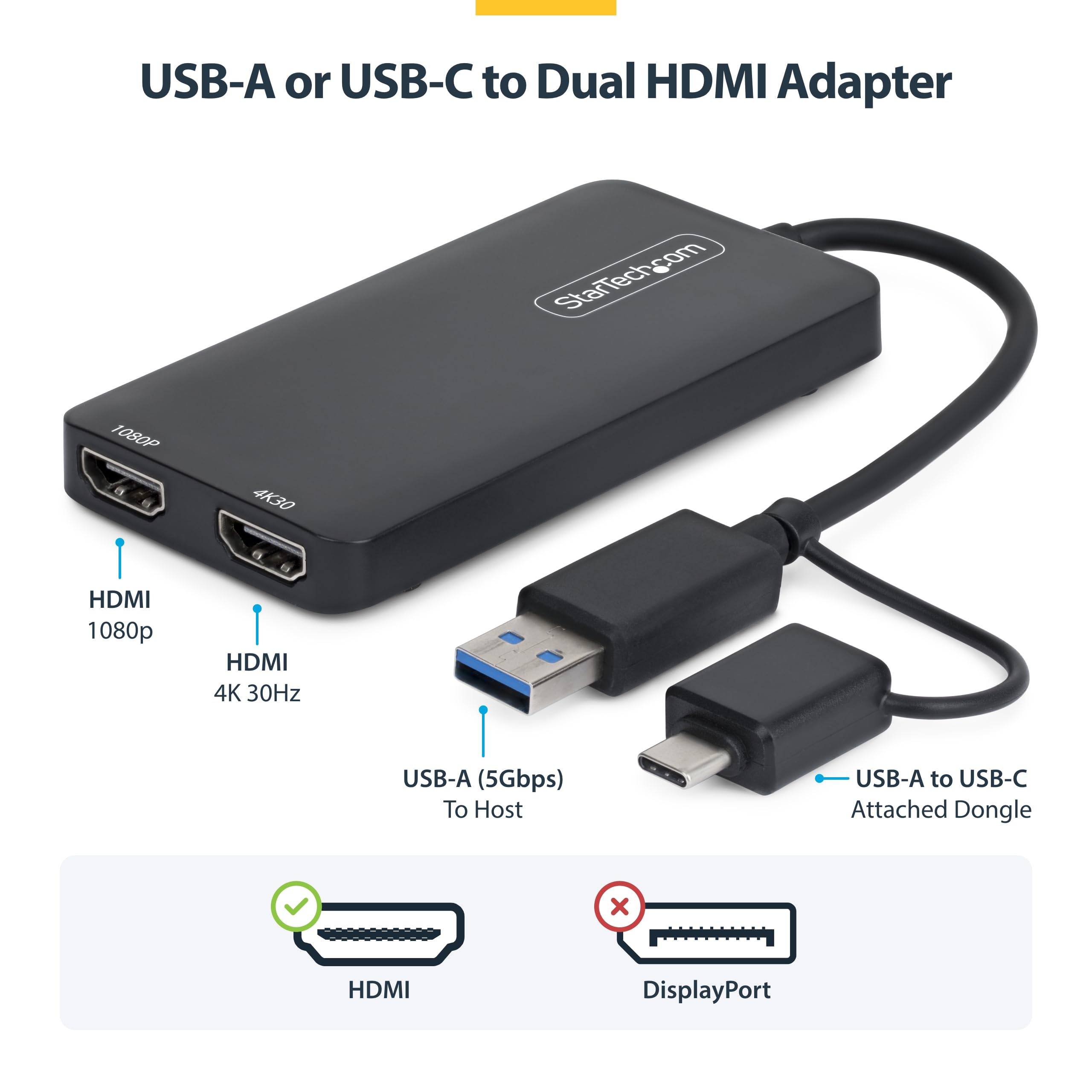 StarTech USB-A and USB-C to Dual HDMI 4K30 1080p Mac Windows ChromeOS | USB 3.0 5Gbps Two displays Windows and ChromeOS and Ubuntu Extended dual monitor product thumbnail 3