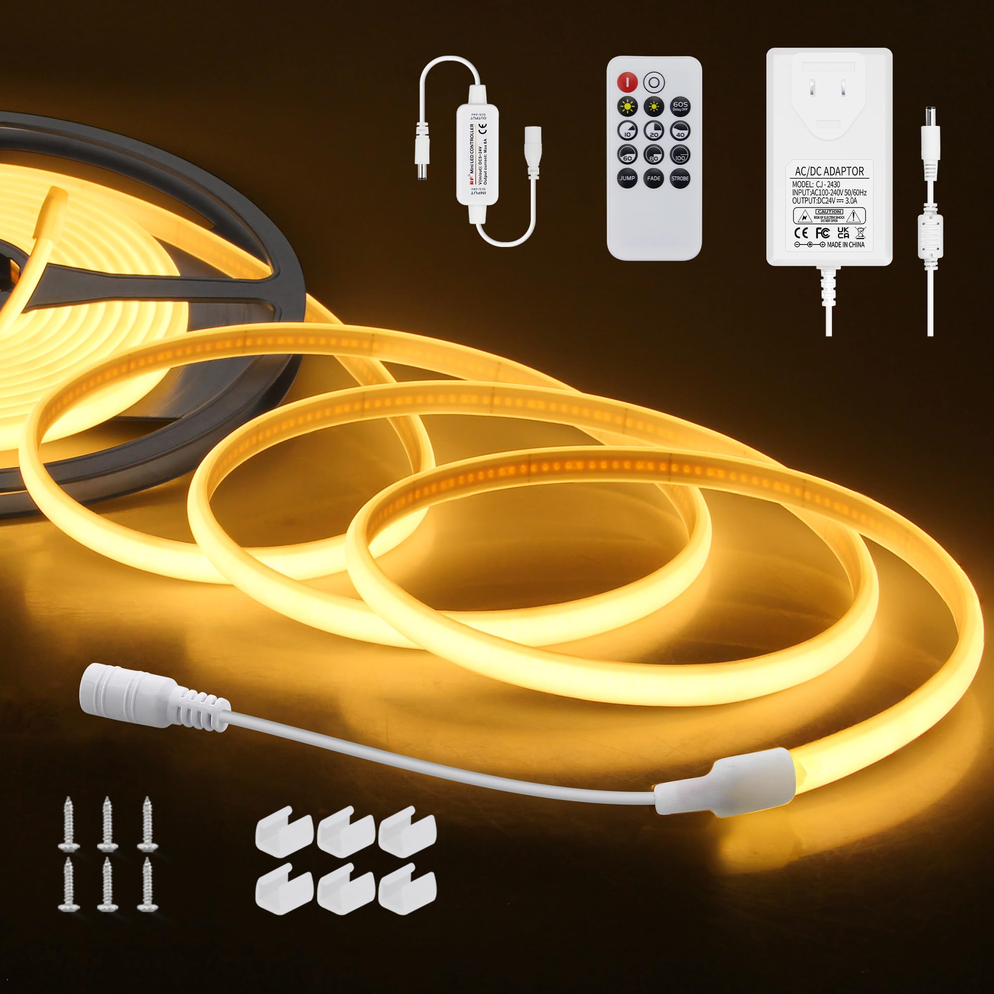 ALITOVE Striscia LED COB da 24 V, luce bianca calda, 5 m, con telecomando e alimentatore di rete, 3000 K, luce bianca calda, dimmerabile, 320 LED/M, impermeabile, per giardino, festival, decorazione