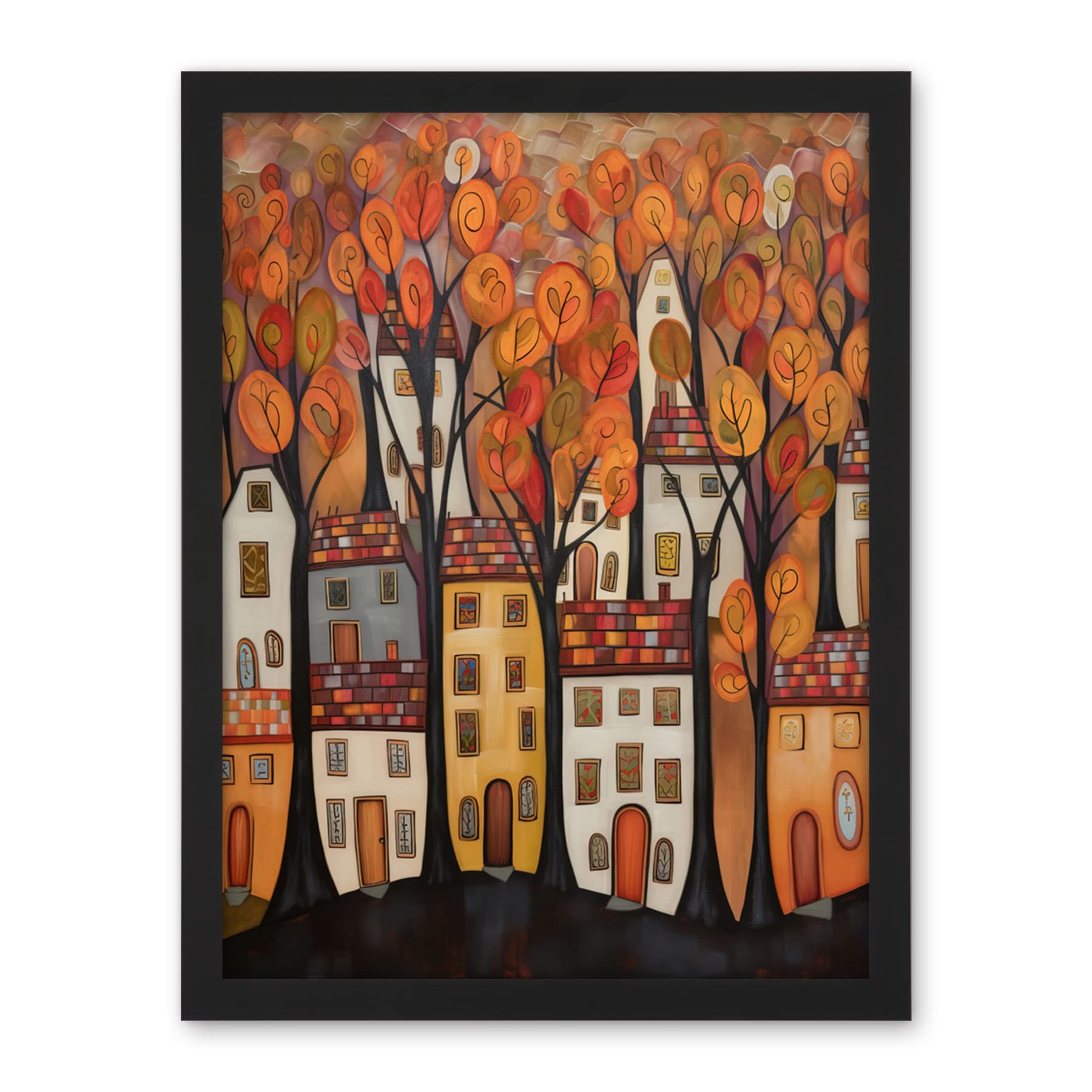Artery8 Cityscape With Trees In Autumn Contemporary Folk Art Painting Artwork Framed Wall Art Print 18X24 Inch