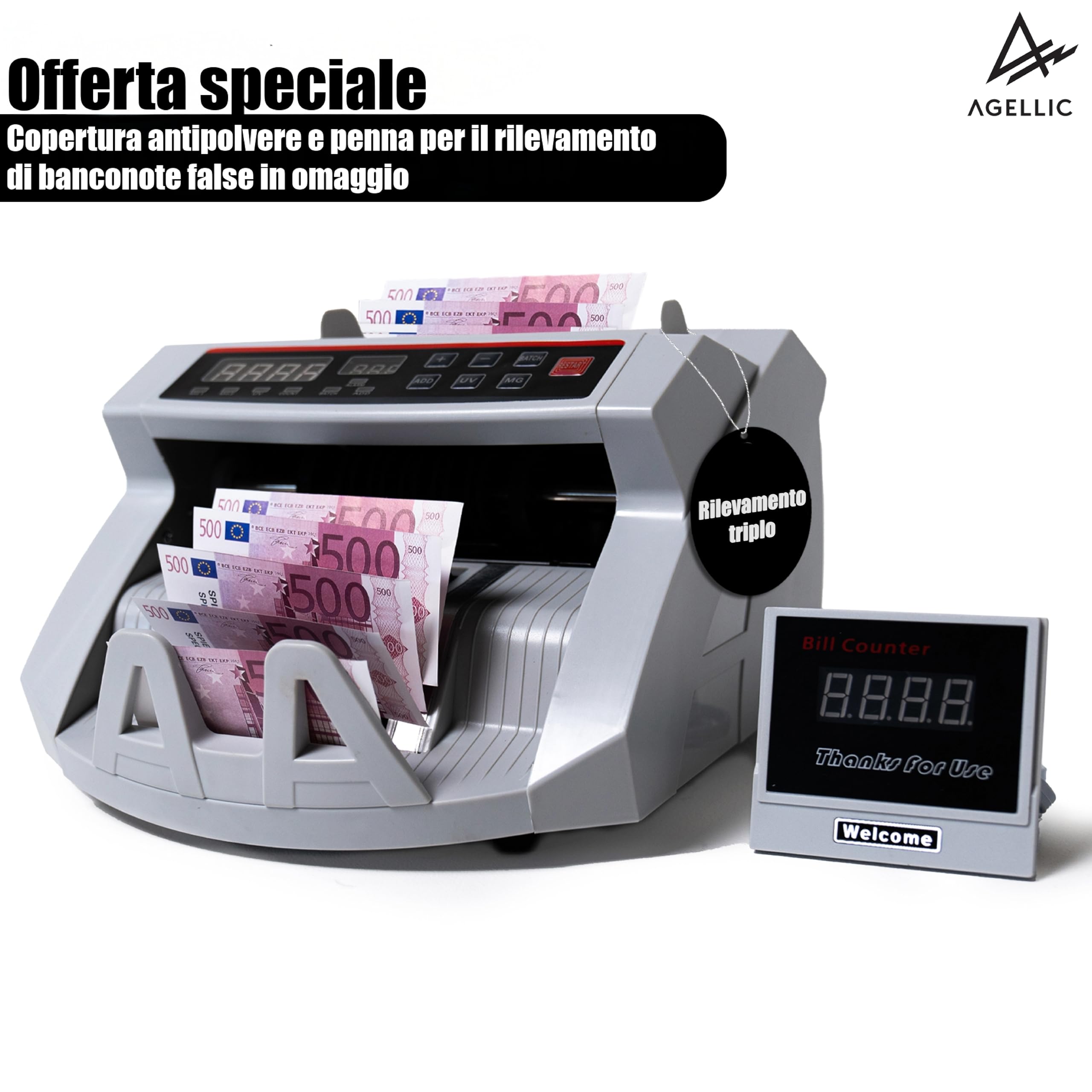 Conta Banconote | Macchina Conta Soldi Professionale | Rilevatore Banconote False 3-Fold | 1000 Banconote/min | Verifica Banconote e Controllo Soldi Falsi | Incl. Pennarello Banconote