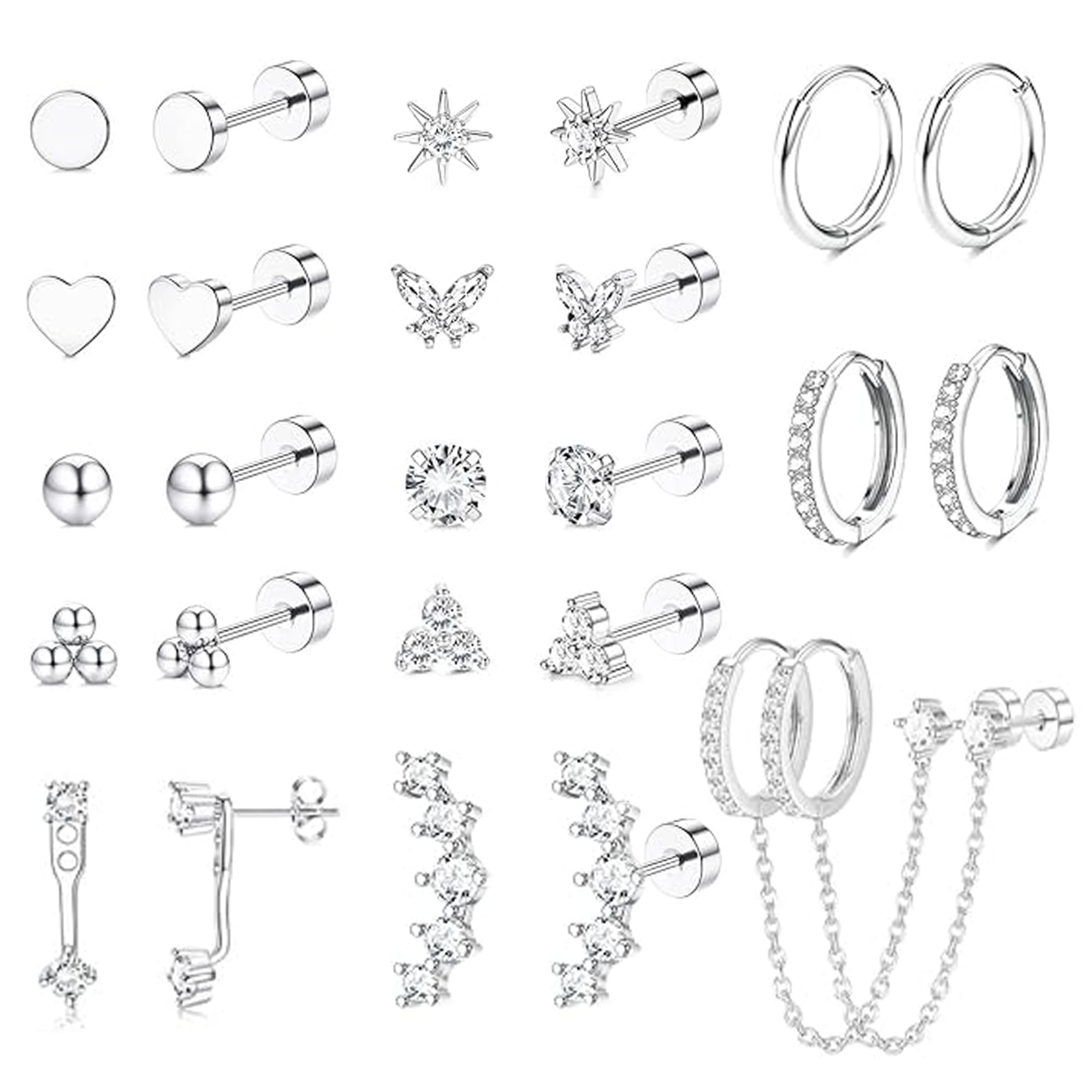 LOFITOR 13 Paires Boucles d'Oreilles Hypoallergéniques à Dos Plat en Acier Chirurgical pour Femmes - Lot de Studs et Créoles pour Piercings Multiples - Argentées et Dorées