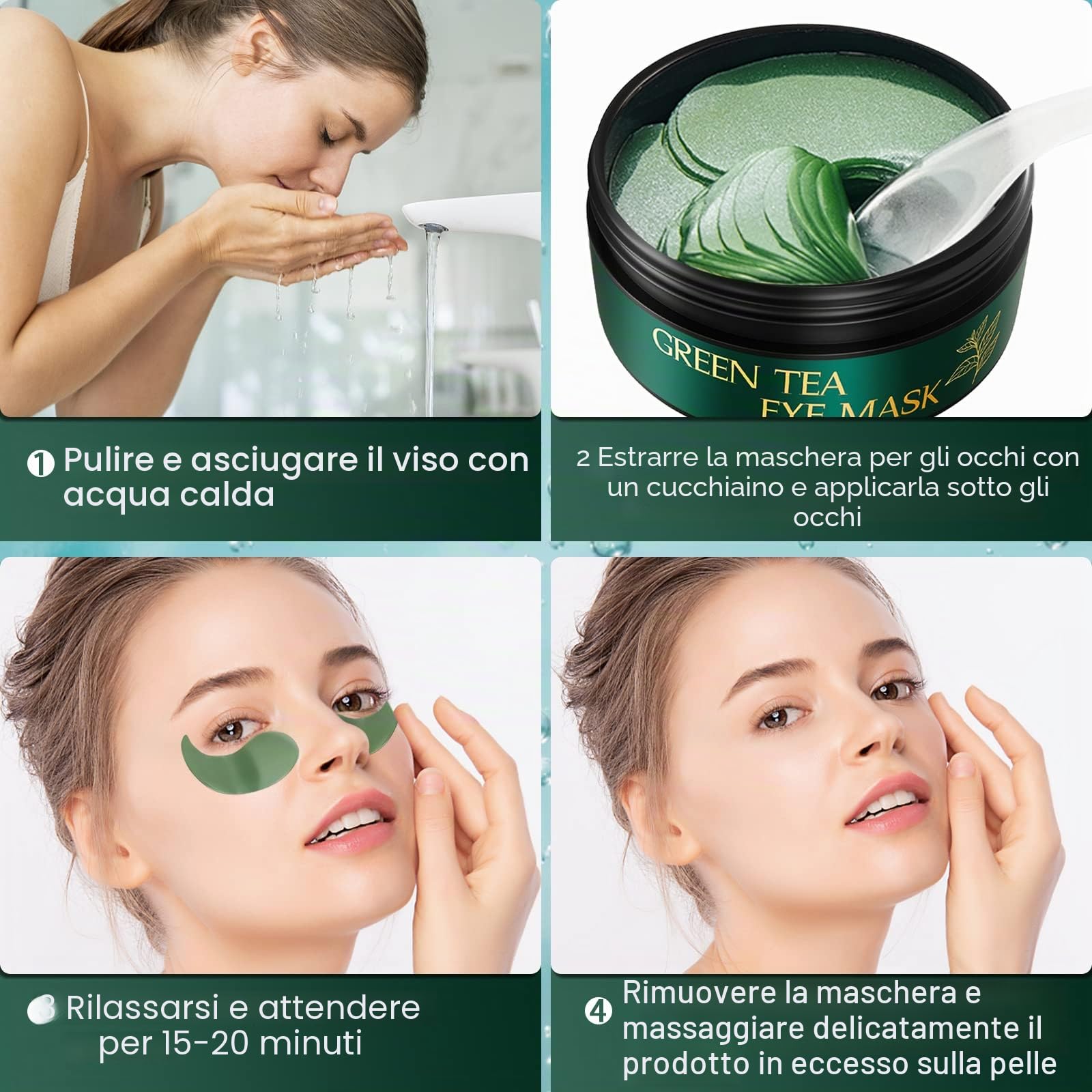 Collagene Patch Occhi al Tè Verde, Patch Occhiaie e Borse, Anti Rughe, Rimuovi Borse e Puffiness, Idrata Anti-Età, 30 Paia