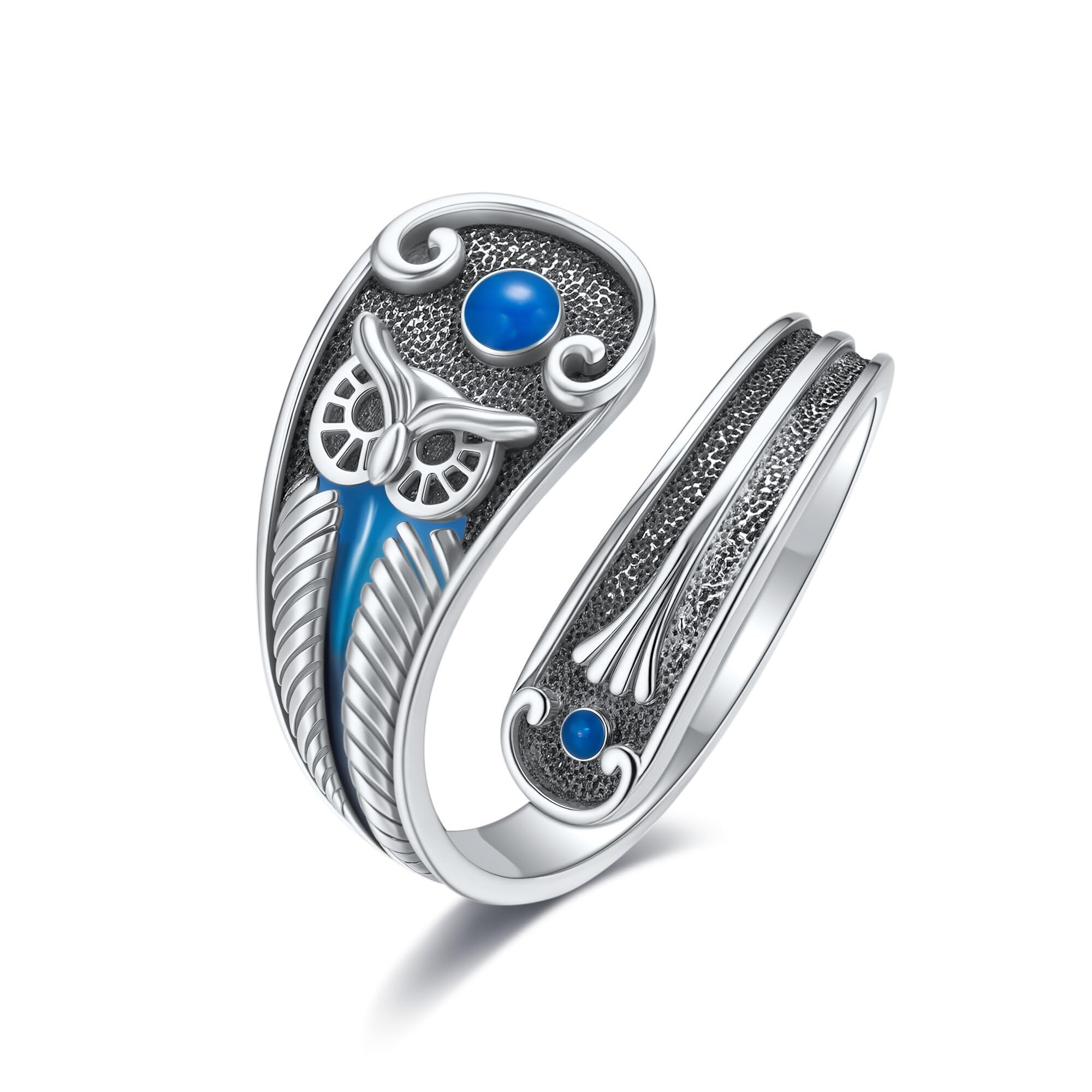 DAYLINLOVE Tier-Löffel-Ring aus 925er Sterlingsilber mit Türkis Frosch/Libelle/Schildkröte/Oktopus/Eule Verstellbarer Ring Daumenring Tier Schmuck Geschenk für Frauen