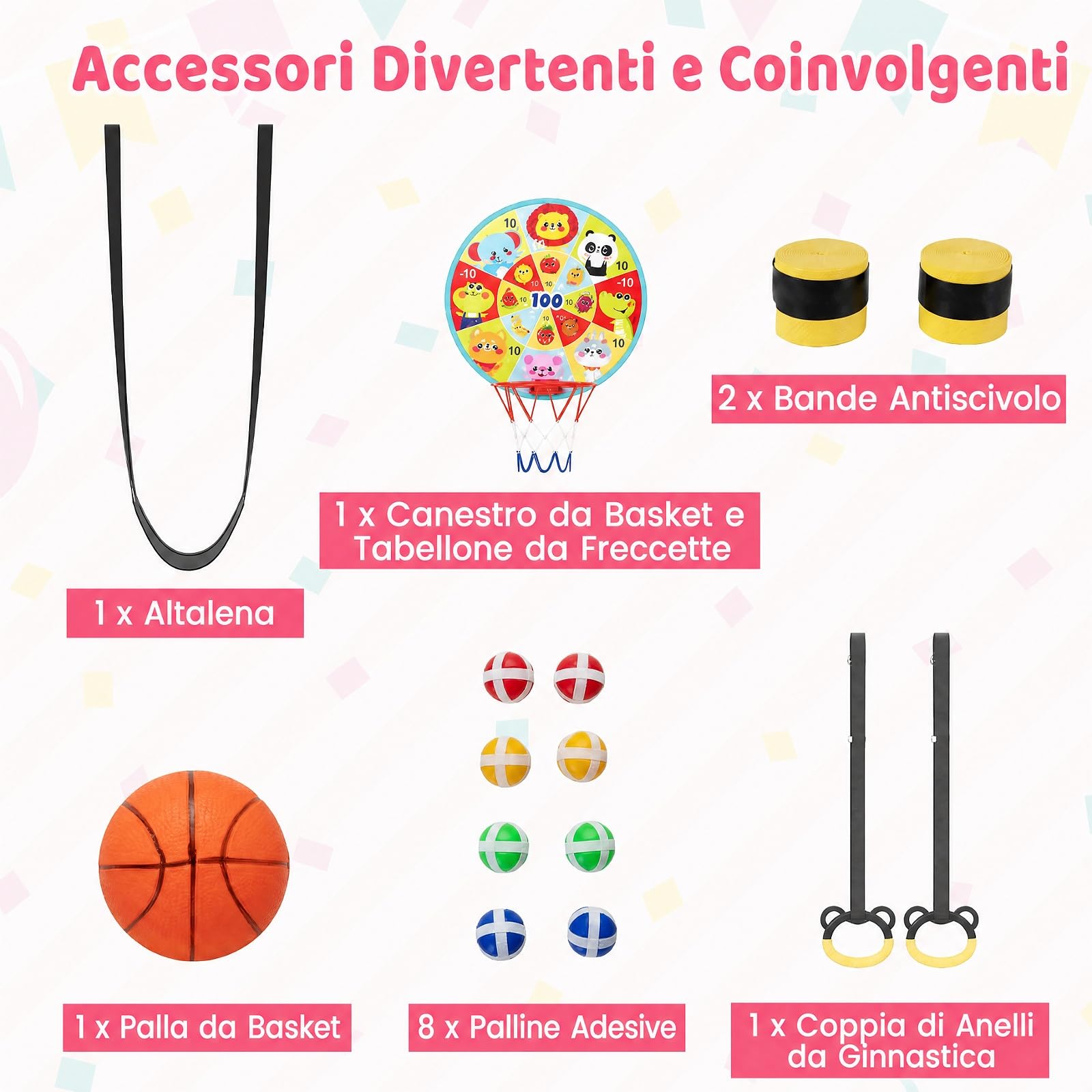 COSTWAY 6 in 1 Trampolino Bambini Interno ed Esterno | Tappetino Elastico con Altalena, Bersaglio, Barra e Anelli da Ginnastica, Canestro da Basket e Rete di Sicurezza, 3+ Anni