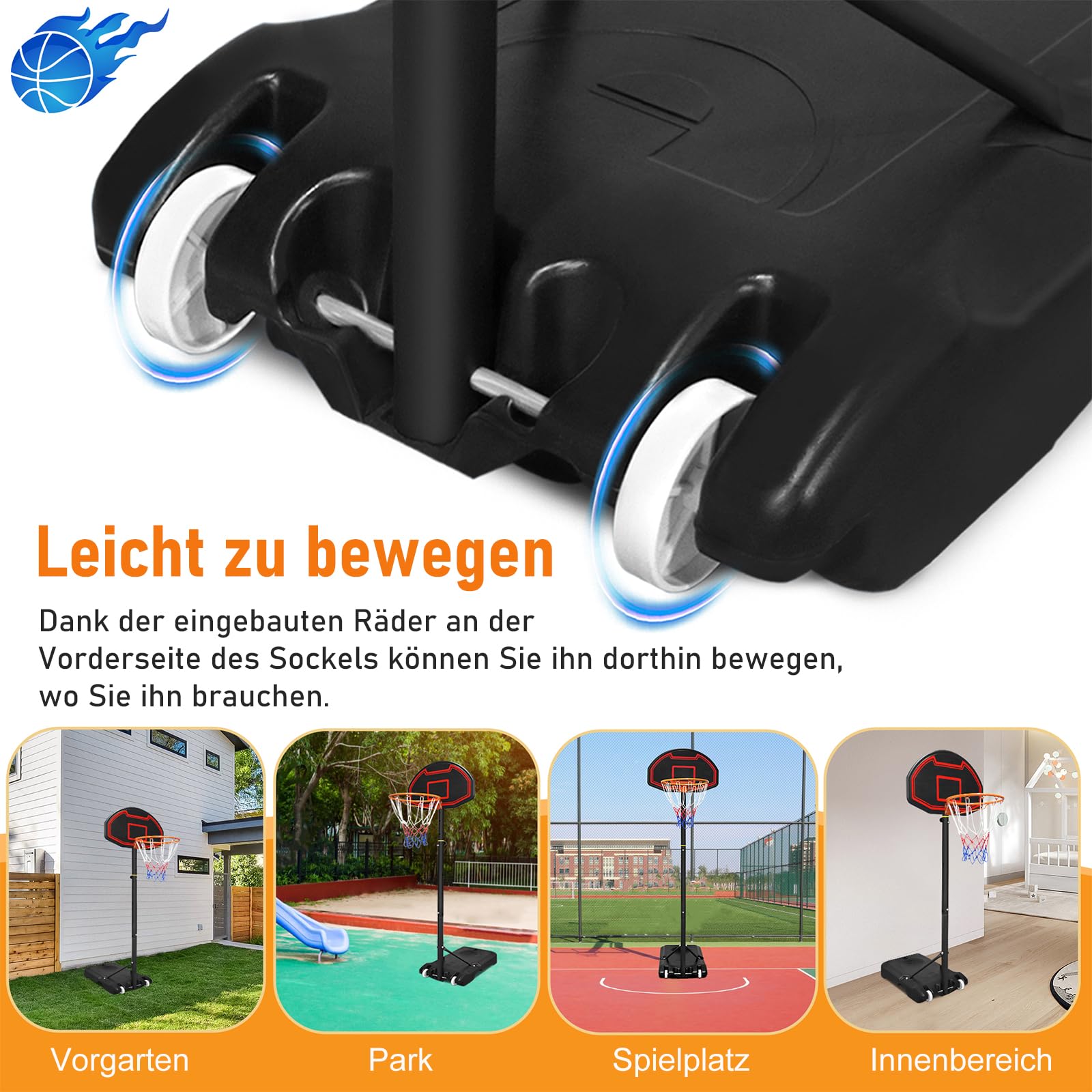 Aufun Basketballkorb Outdoor, Basketballständer Höhenverstellbar156-208cm mit Netz & bruchfester Rückwand, rollbar Tragbar Korbanlage geeignet für Innen- und Außenbereich