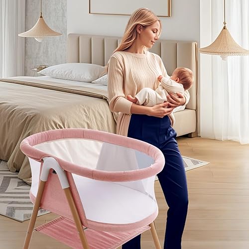 Miniatura 7 de Cunas para bebé, 3 en 1, cuna para bebé, resistente, portátil y fácil de ensamblar, incluye mosquitero y bolsa portátil. (Rosa) Rosa,Negro,Gris,Caqui