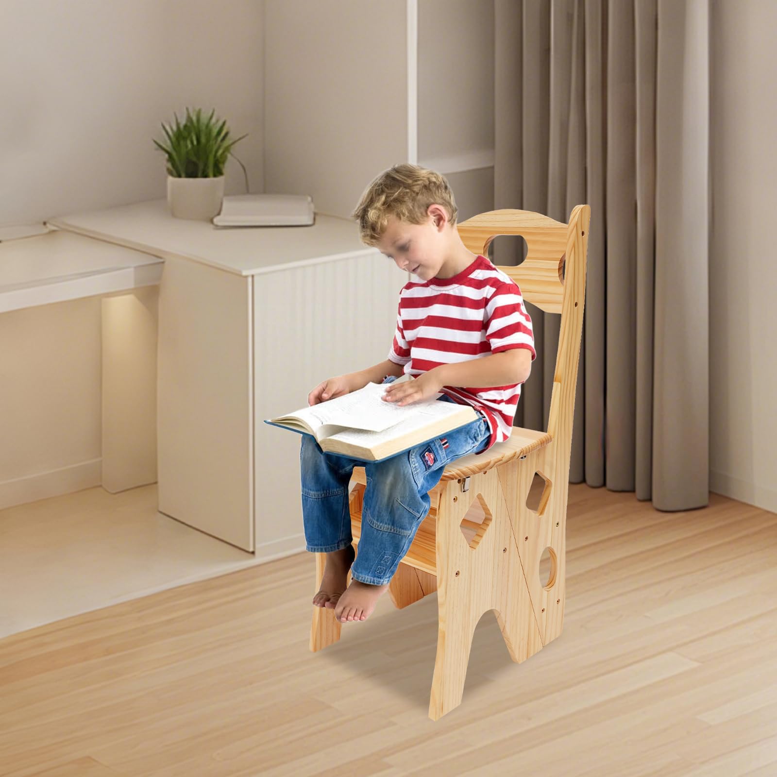 Taburete plegable de madera plegable de 4 niveles, escalera convertible y escalera multifunción, capacidad de carga de 100 kg, para uso en interiores y exteriores (color madera)