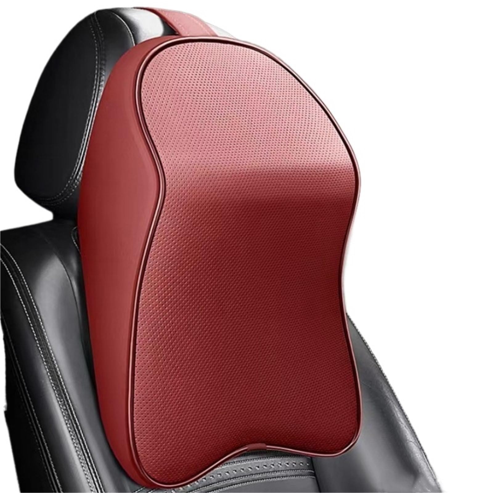 POAWUDJA Car Pillow 3D Nappa Leather Memory Foam Headrest Car Neck Pillow Support Pain Relief Travel Removable Cover(Wine Red)