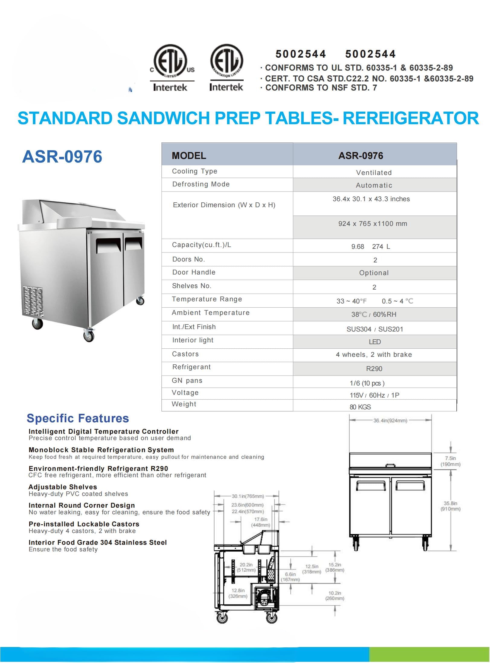 Elite Kitchen Supply Commercial Sandwich Prep Table Refrigerator, 36.4x30.1x43.3 inches, 9.68 cu.ft, Stainless Steel, LED Lighting ASR-0976 ETL