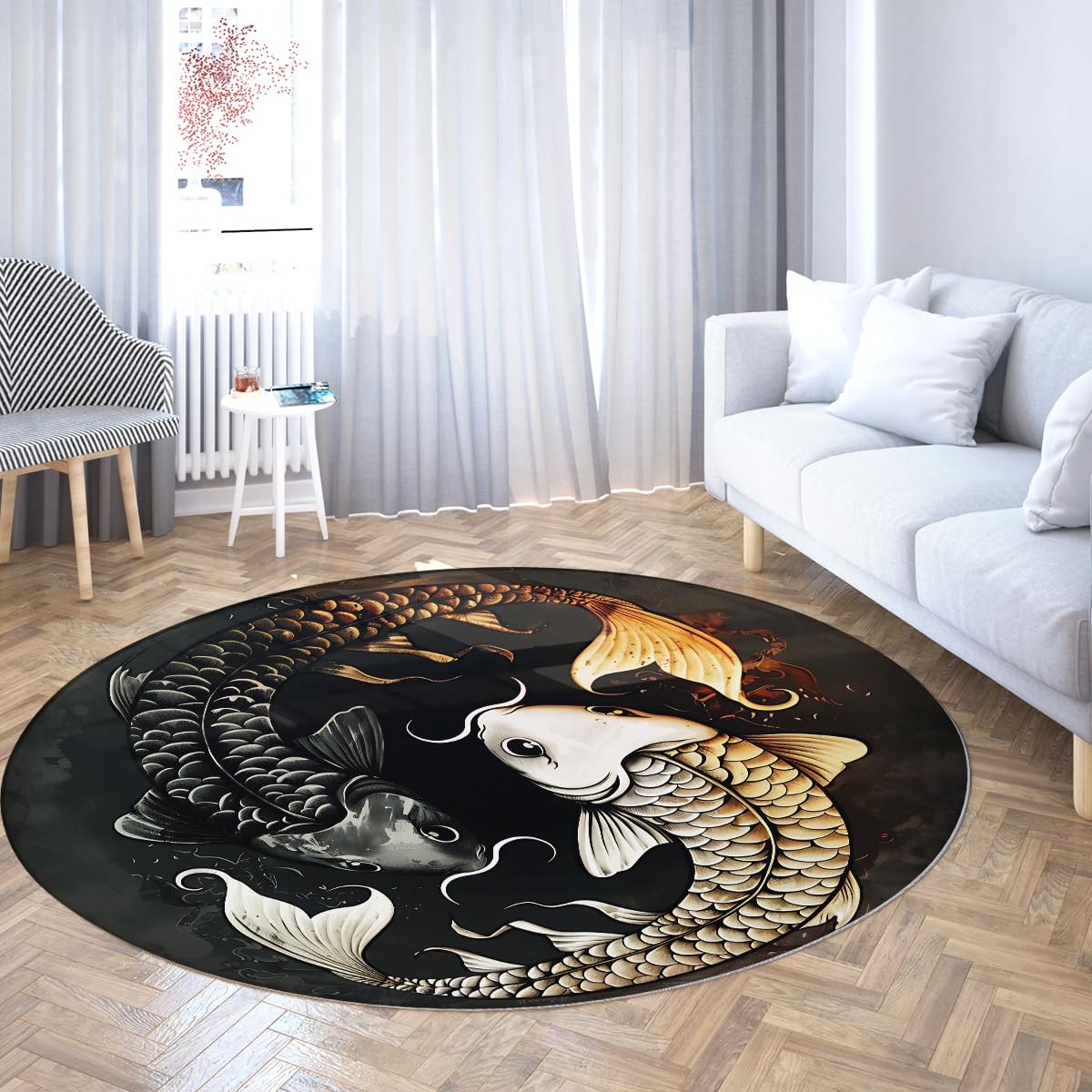 Japonais Carpe Round Carpette 100cm Lit Koi Poisson Graphique Abstrait Motif Art Lavable antidérapant résistant Tache Fin Salle Manger Circulaire véranda Tapis