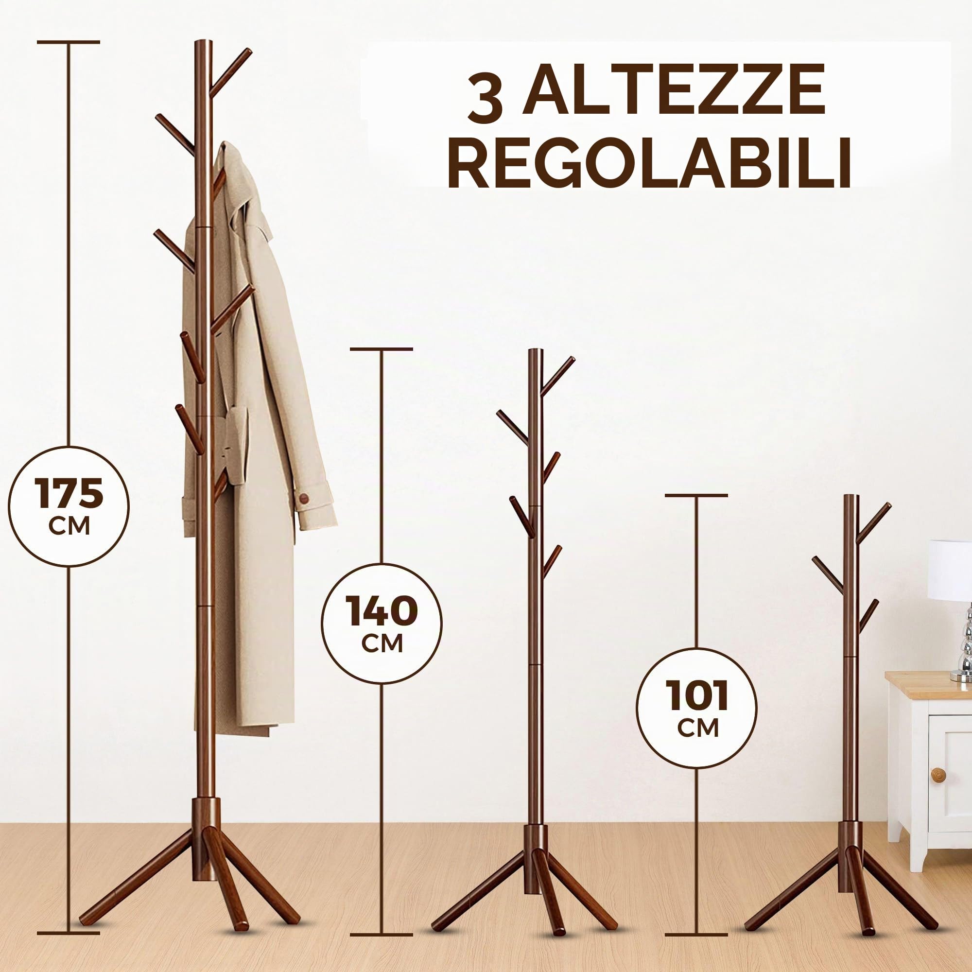 Bayt Attaccapanni da Terra Regolabile 175 cm – Appendiabiti Verticale in Legno Marrone con 8 Ganci, Design Salvaspazio e Moderno per Ingresso, Camera o Ufficio